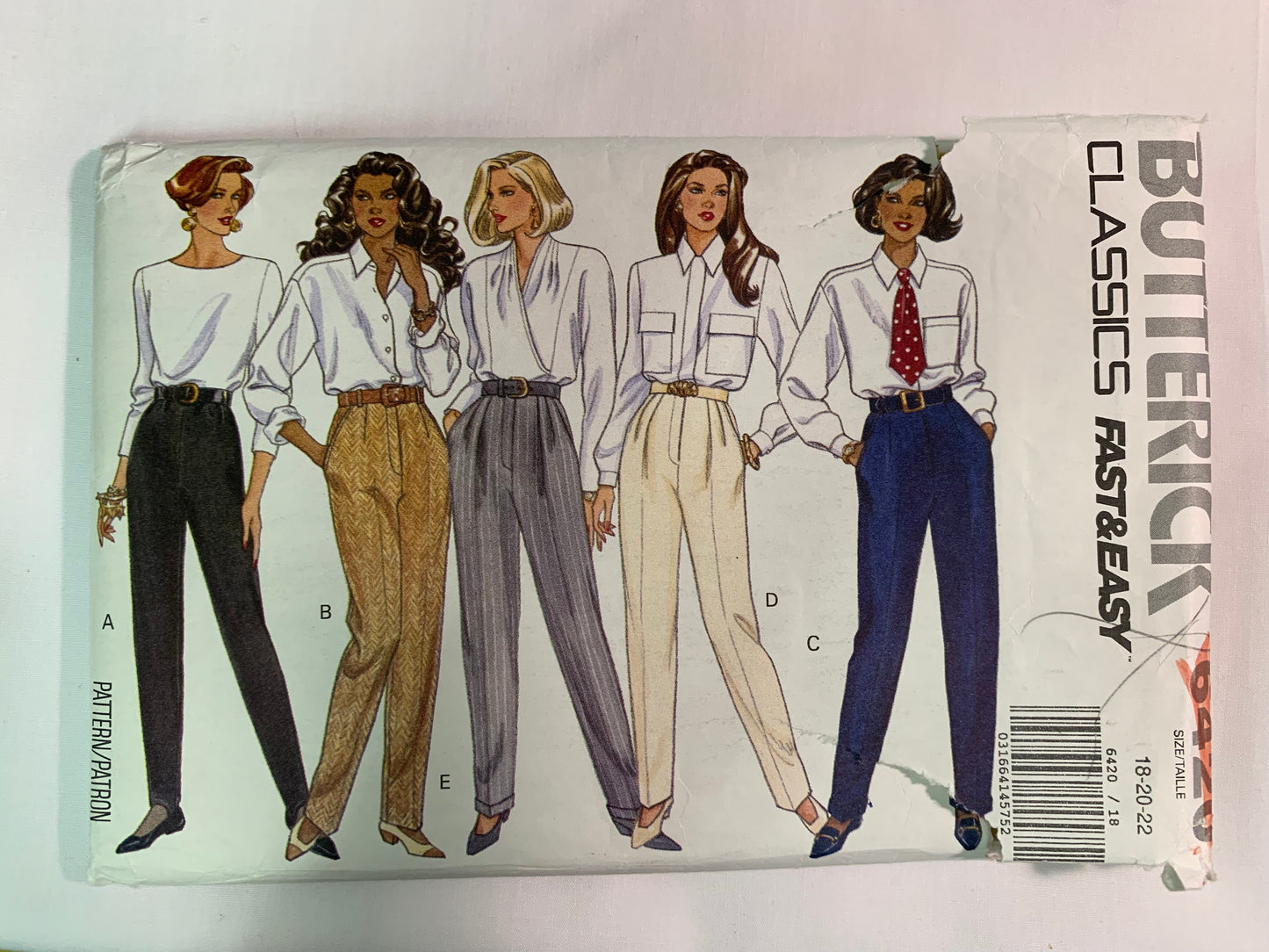 Butterick Sewing Pattern 6420 Misses'/Miss Petite Pants, Close-Fitting, Elastic Waist, Pockets, Pull-On, Size 18-22, Cut, Vintage 1992