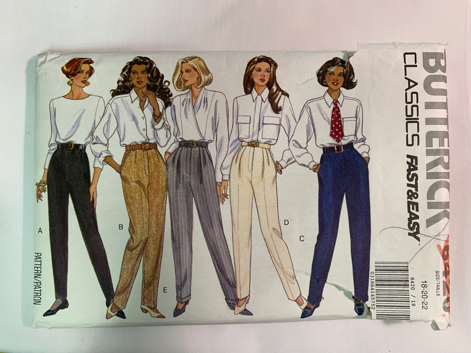 Butterick Sewing Pattern 6420 Misses'/Miss Petite Pants, Close-Fitting, Elastic Waist, Pockets, Pull-On, Size 18-22, Cut, Vintage 1992