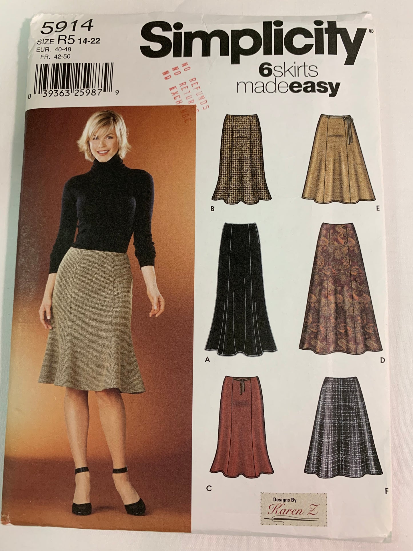 Simplicity Sewing Pattern 5914 Misses' Skirt, Zipper Back, Two Lengths, 6 Variations, Size 14-16, Cut, 2002