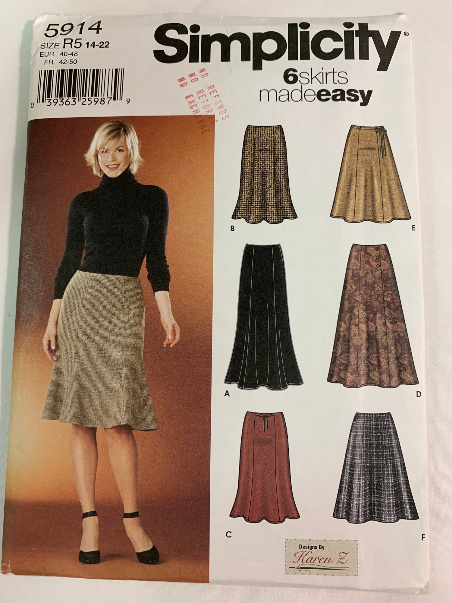 Simplicity Sewing Pattern 5914 Misses' Skirt, Zipper Back, Two Lengths, 6 Variations, Size 14-16, Cut, 2002