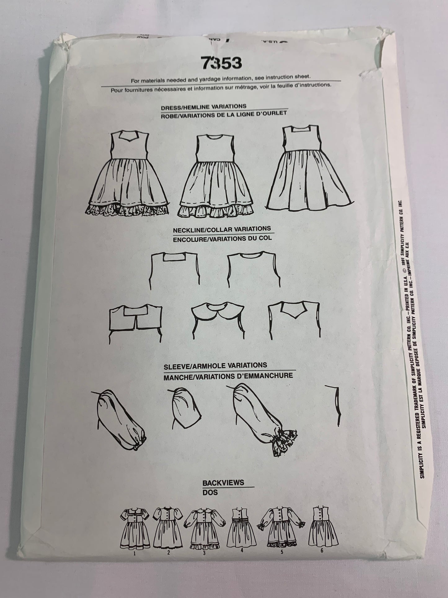 Simplicity Sewing Pattern 7353 Toddlers'/Child's Dress, Long/Short Sleeves, Sleeveless, Button Back, Flared Skirt, Uncut, Vintage 1991