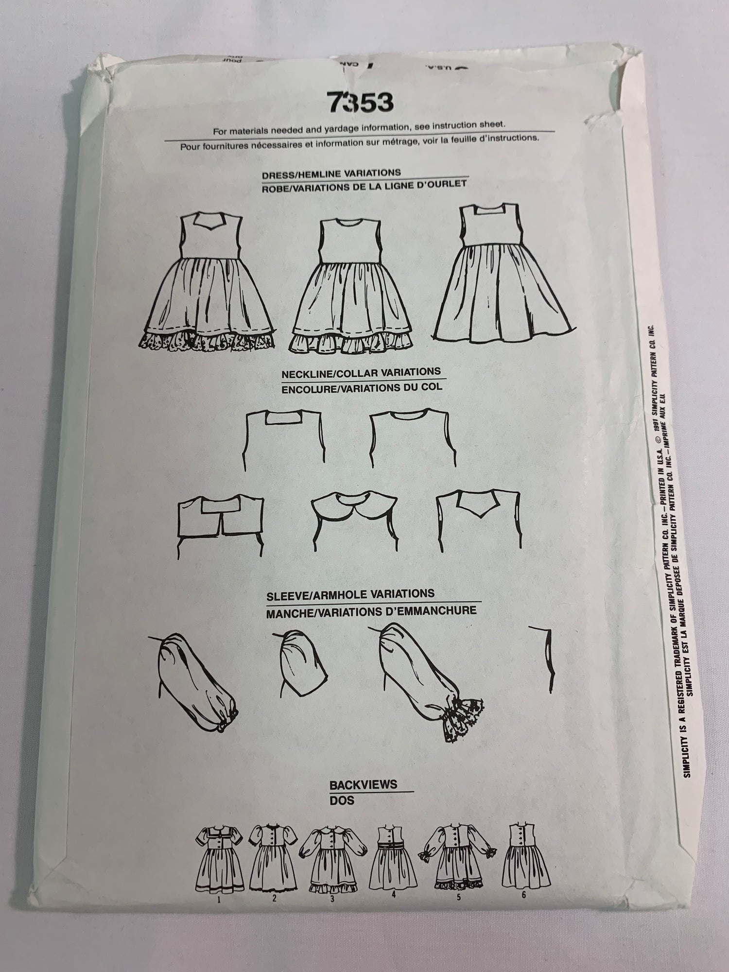 Simplicity Sewing Pattern 7353 Toddlers'/Child's Dress, Long/Short Sleeves, Sleeveless, Button Back, Flared Skirt, Uncut, Vintage 1991