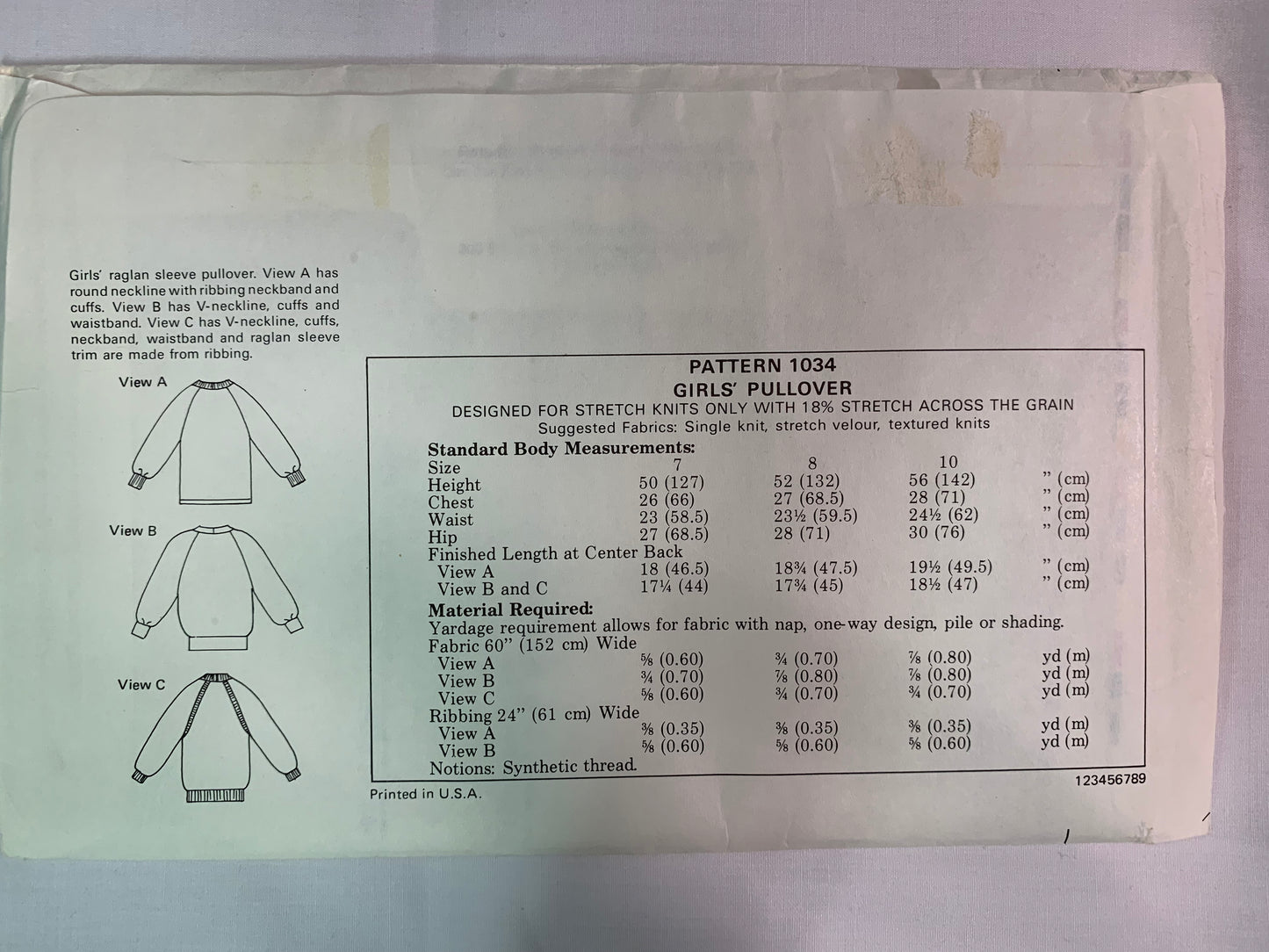 KWIK Sewing Pattern 1034 Girls' Pullover Top, Long Raglan Sleeves, Neckline Variations, Size 7-10, Uncut, Vintage 1999