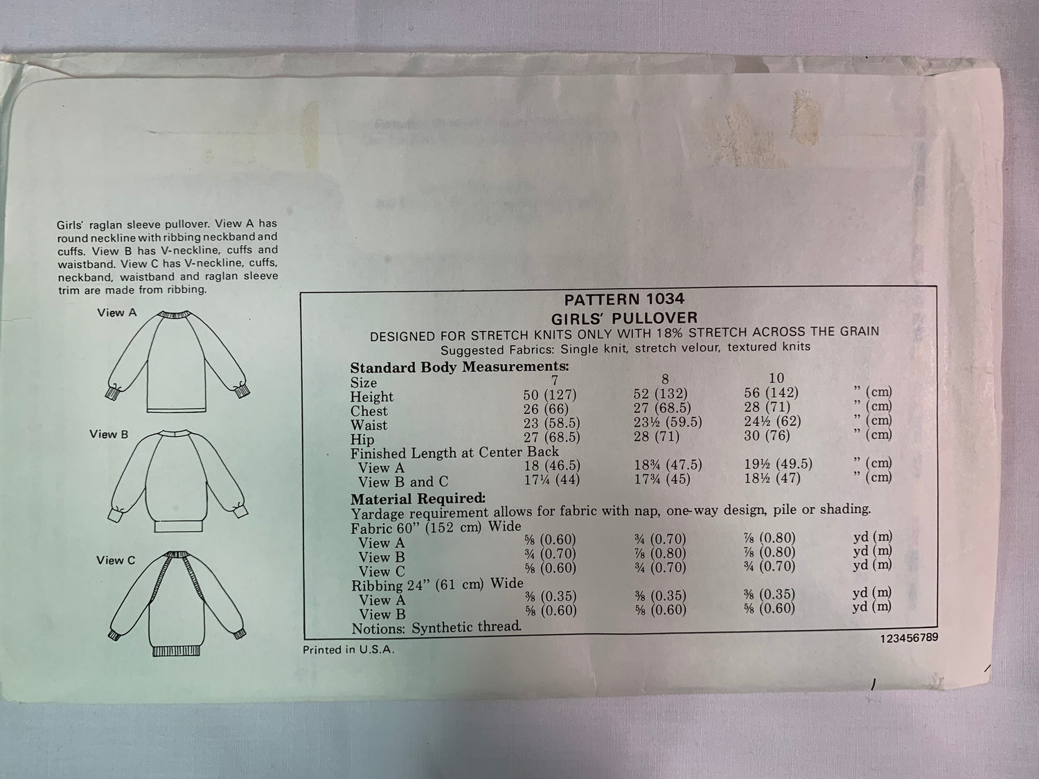 KWIK Sewing Pattern 1034 Girls' Pullover Top, Long Raglan Sleeves, Neckline Variations, Size 7-10, Uncut, Vintage 1999