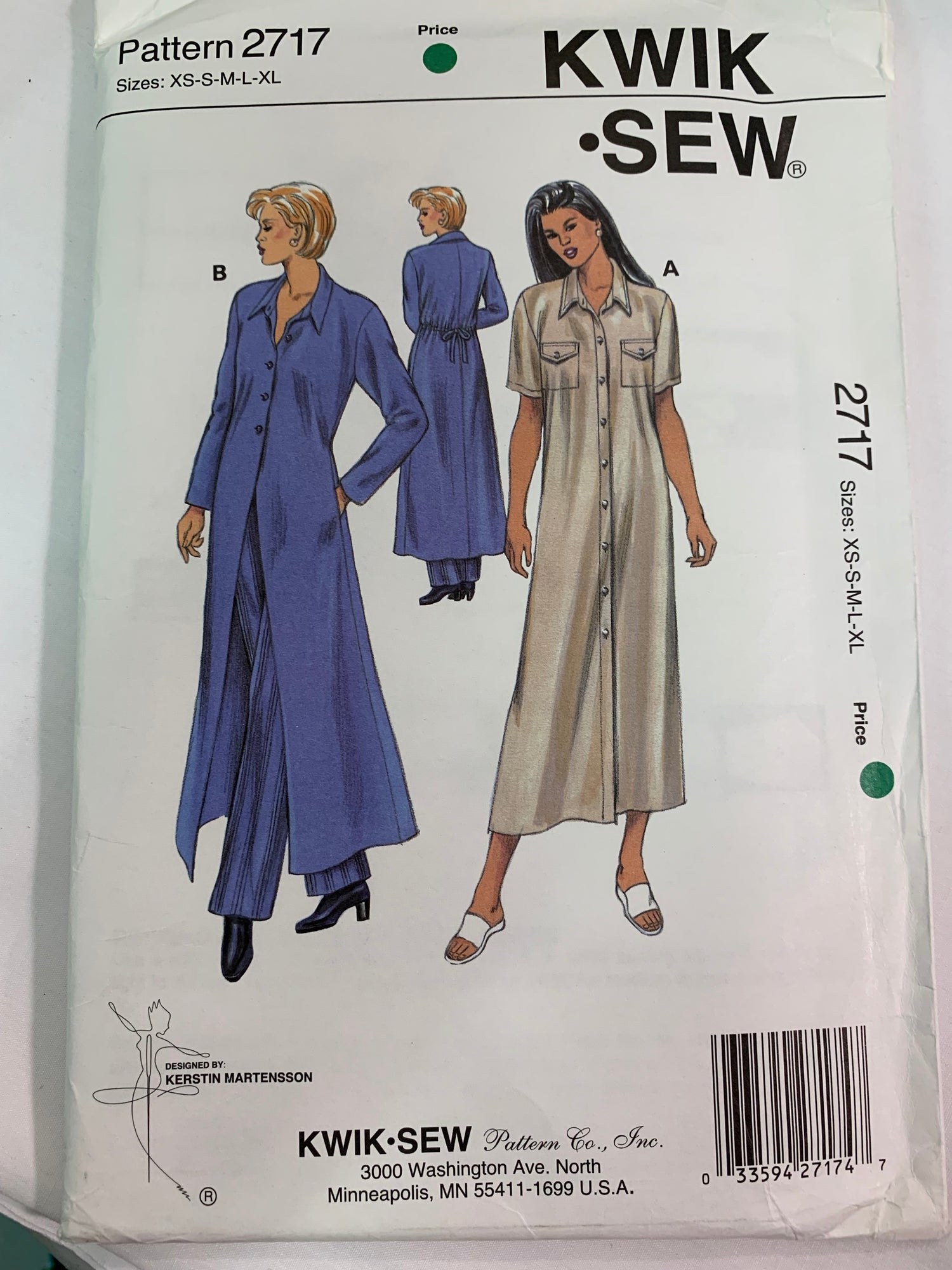 KWIK Sewing Pattern 2717 Misses' Dress, Duster, Ankle Lengths, Pockets, Collar, Button Front, Tie Back, Size 31-45, Uncut, Vintage 1998