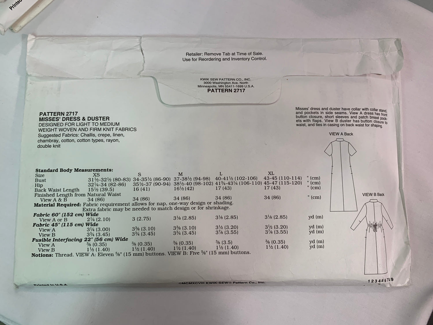 KWIK Sewing Pattern 2717 Misses' Dress, Duster, Ankle Lengths, Pockets, Collar, Button Front, Tie Back, Size 31-45, Uncut, Vintage 1998