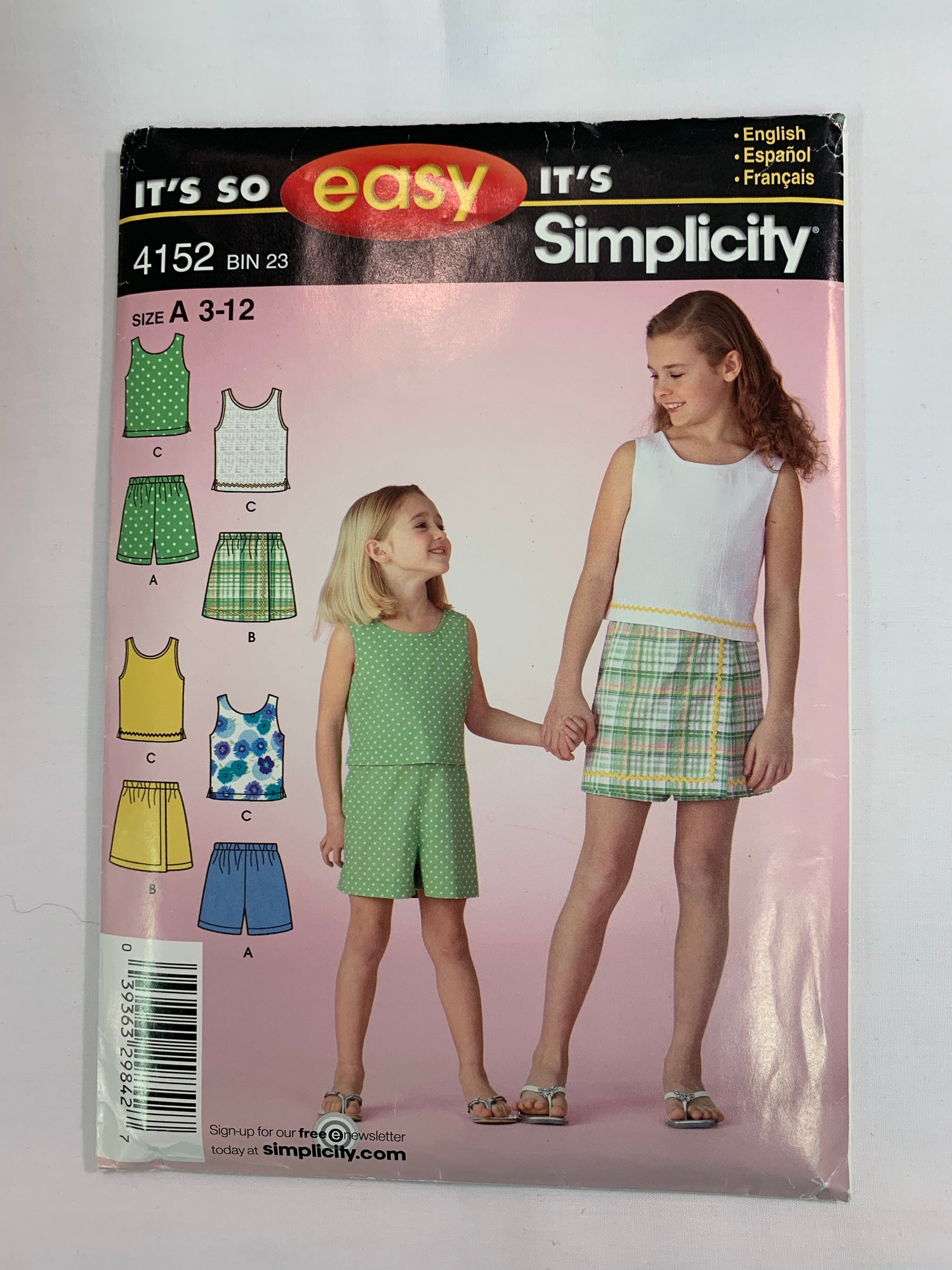 Simplicity Sewing Pattern 4152 Girls' Top, Shorts, 3 Variations, Pull-On, Shoulder Straps, Elastic Waist, Sleeveless, Wrap Front, Size 3-12, Uncut, 2006
