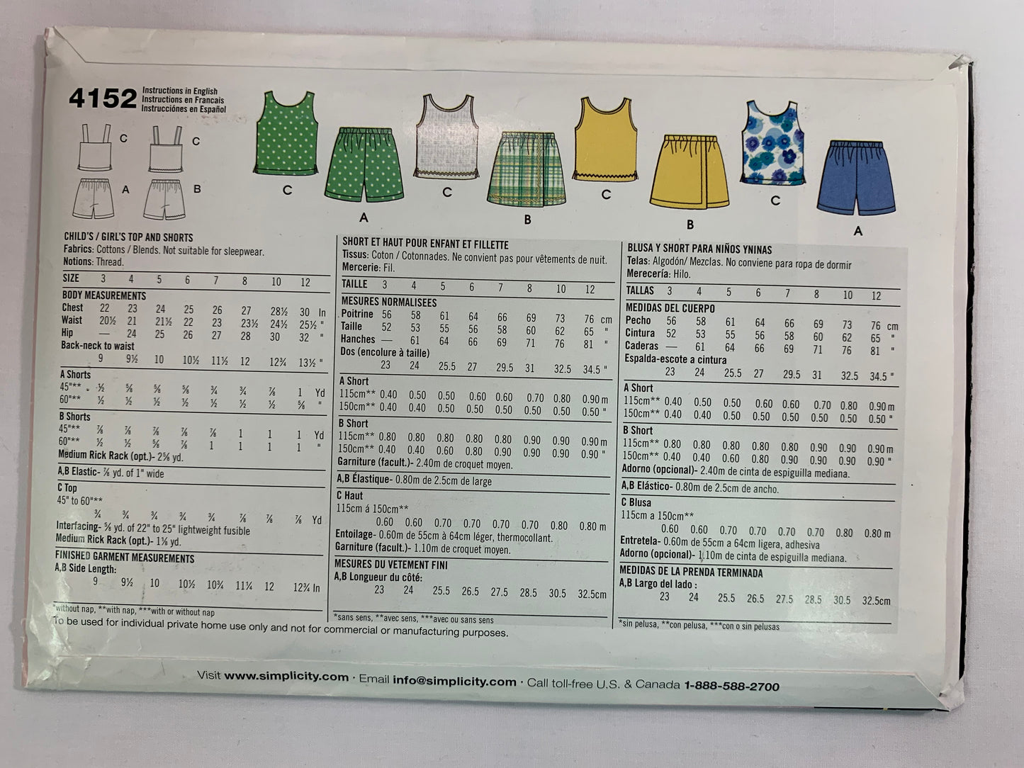Simplicity Sewing Pattern 4152 Girls' Top, Shorts, 3 Variations, Pull-On, Shoulder Straps, Elastic Waist, Sleeveless, Wrap Front, Size 3-12, Uncut, 2006