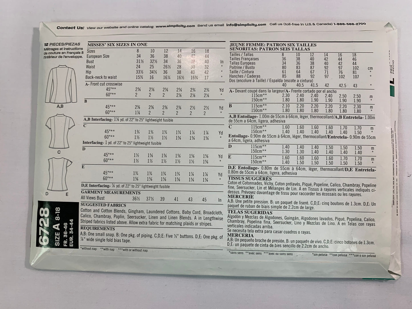 Simplicity New Look Sewing Pattern 6728 Misses' Tops, Long/Short Sleeves, Sleeveless, 5 Variations, Fitted, Princess Seams, Size 8-18, Uncut,, 2007