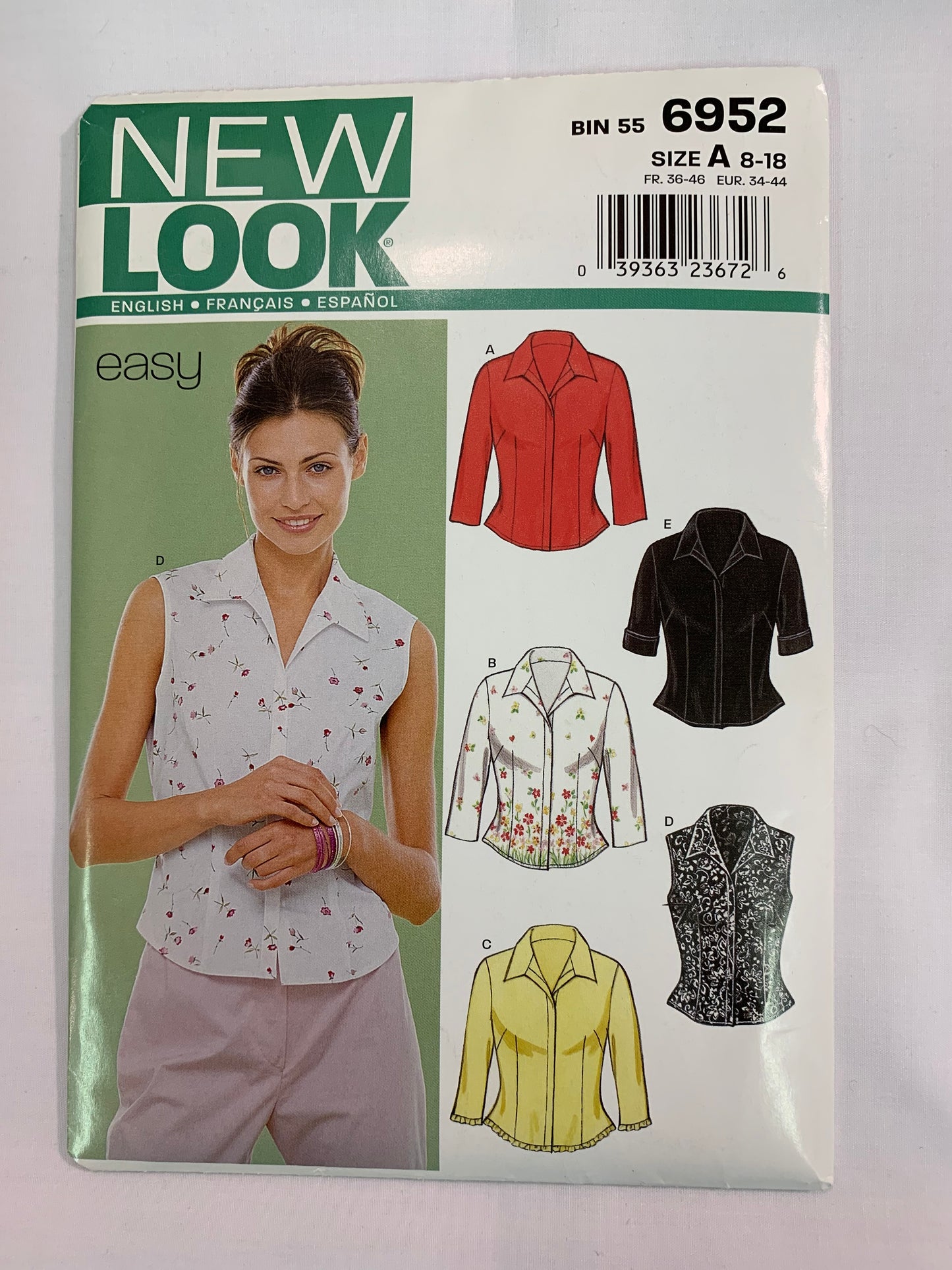 Simplicity New Look Sewing Pattern 6952 Misses' Tops, Long/Short Sleeves, Sleeveless, Button Front, 5 Variations, Fitted, Princess Seams, Size 8-18, Uncut, 2003