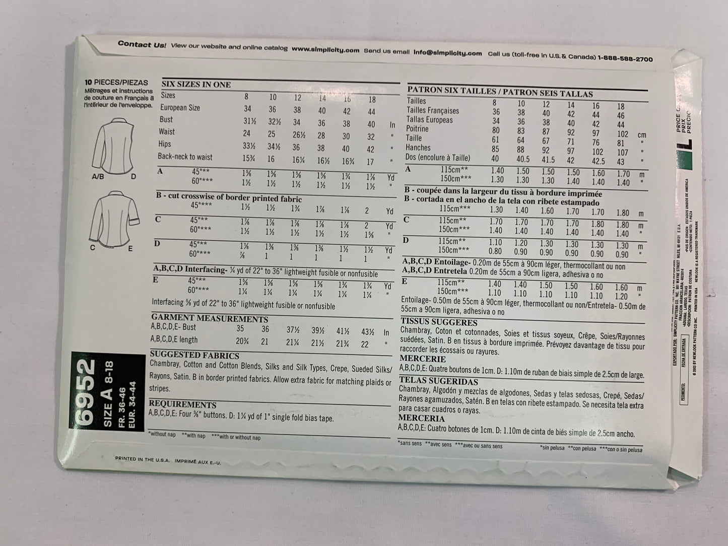 Simplicity New Look Sewing Pattern 6952 Misses' Tops, Long/Short Sleeves, Sleeveless, Button Front, 5 Variations, Fitted, Princess Seams, Size 8-18, Uncut, 2003