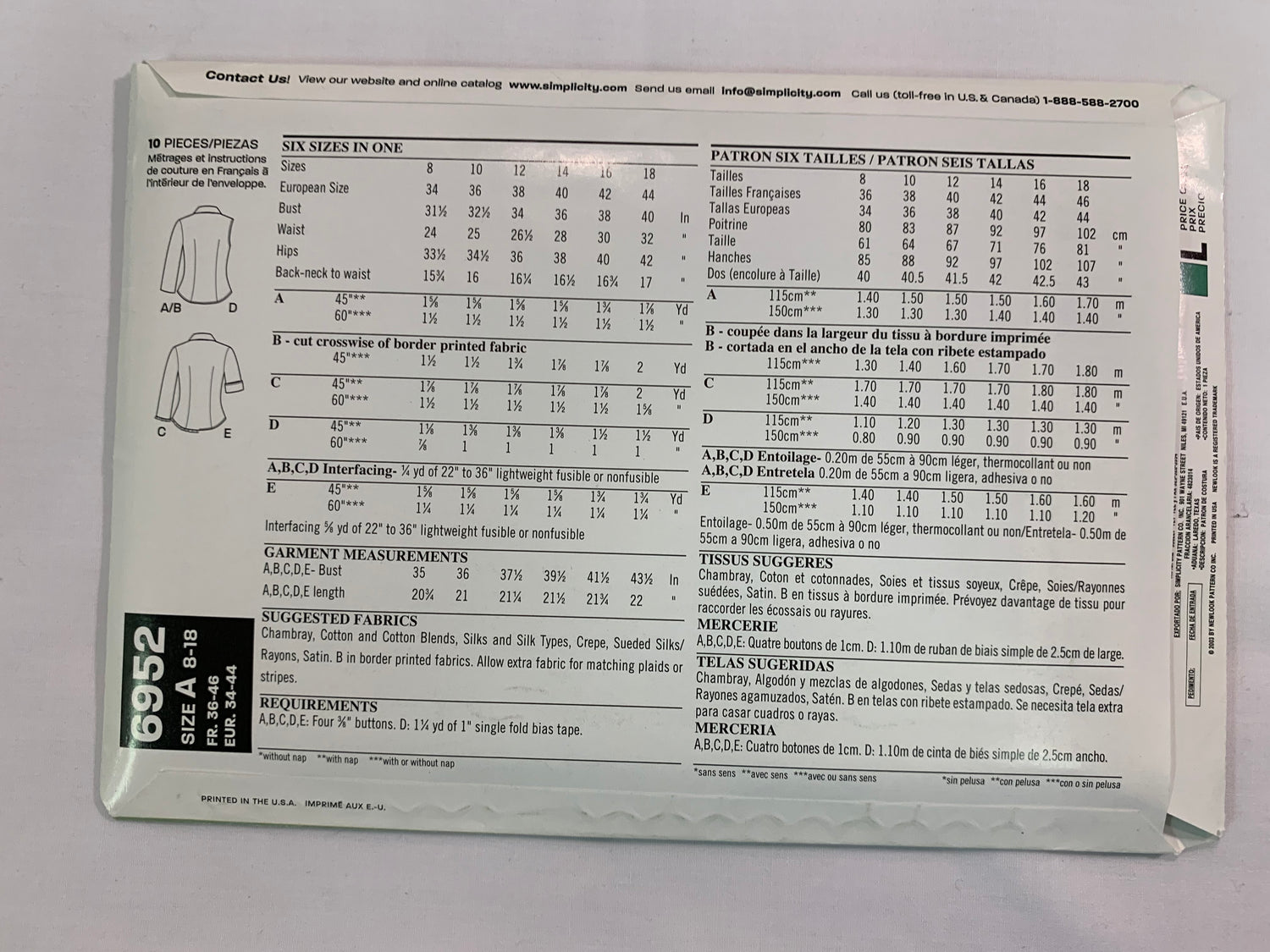 Simplicity New Look Sewing Pattern 6952 Misses' Tops, Long/Short Sleeves, Sleeveless, Button Front, 5 Variations, Fitted, Princess Seams, Size 8-18, Uncut, 2003