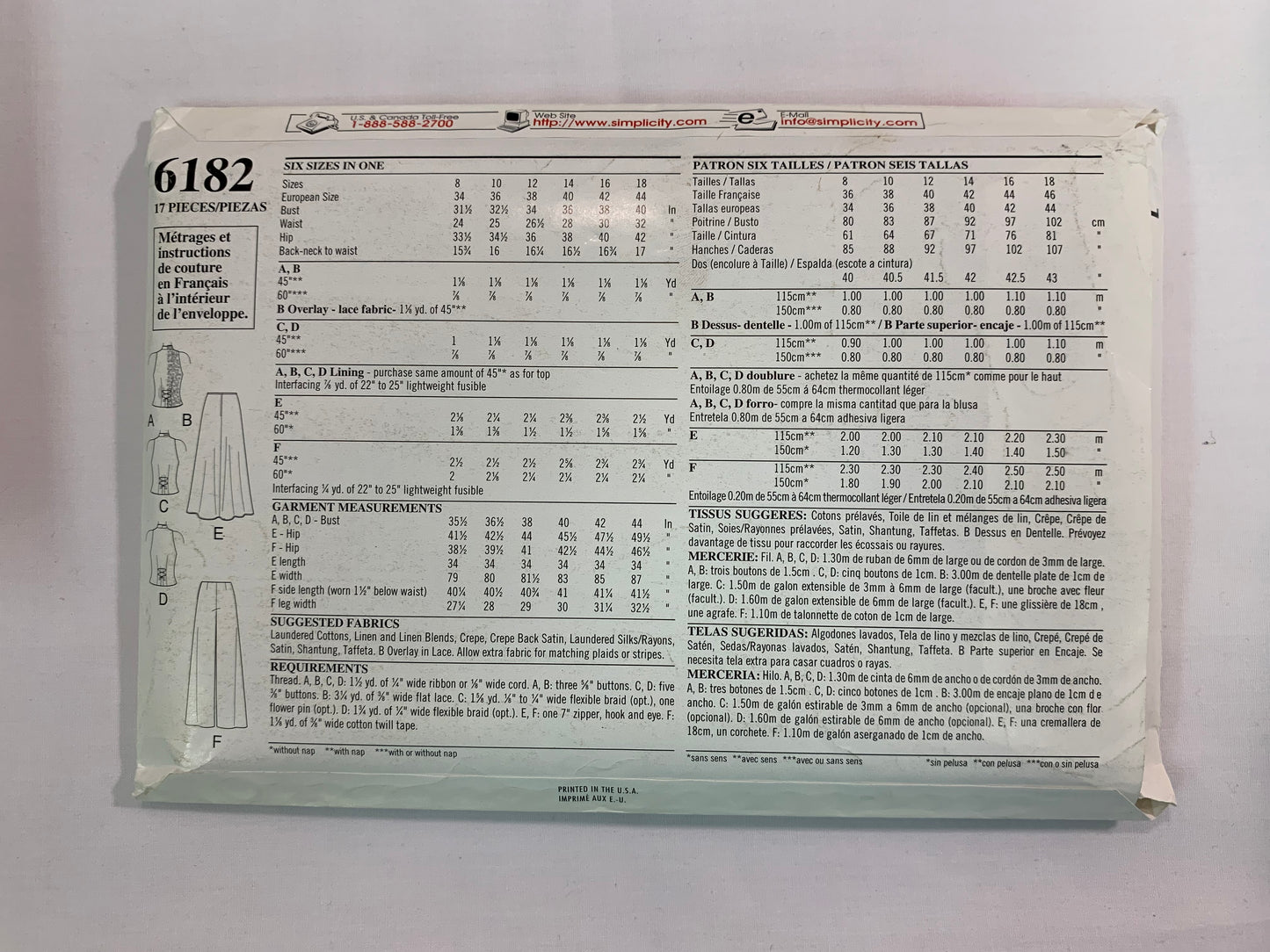 Simplicity New Look Sewing Pattern 6182 Misses' Top, Pants, Ankle Length Skirt, Tie Back, Sleeveless, Darts, Zipper Back, Button Front, Size 8-18, Uncut, Vintage 1999