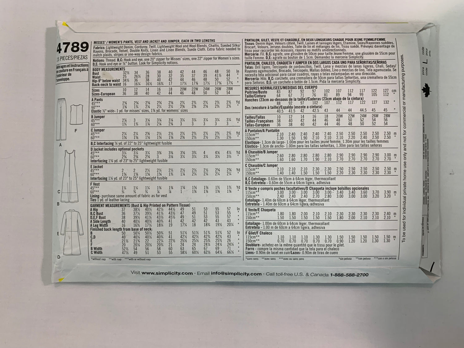 Simplicity New Look Sewing Pattern 4789 Misses'/Women's Jacket, Dress, Two Lengths, Jumper, Elastic Waist, Pants, Vest, Long Sleeves, Sleeveless, Size 10-18, Uncut, 2004
