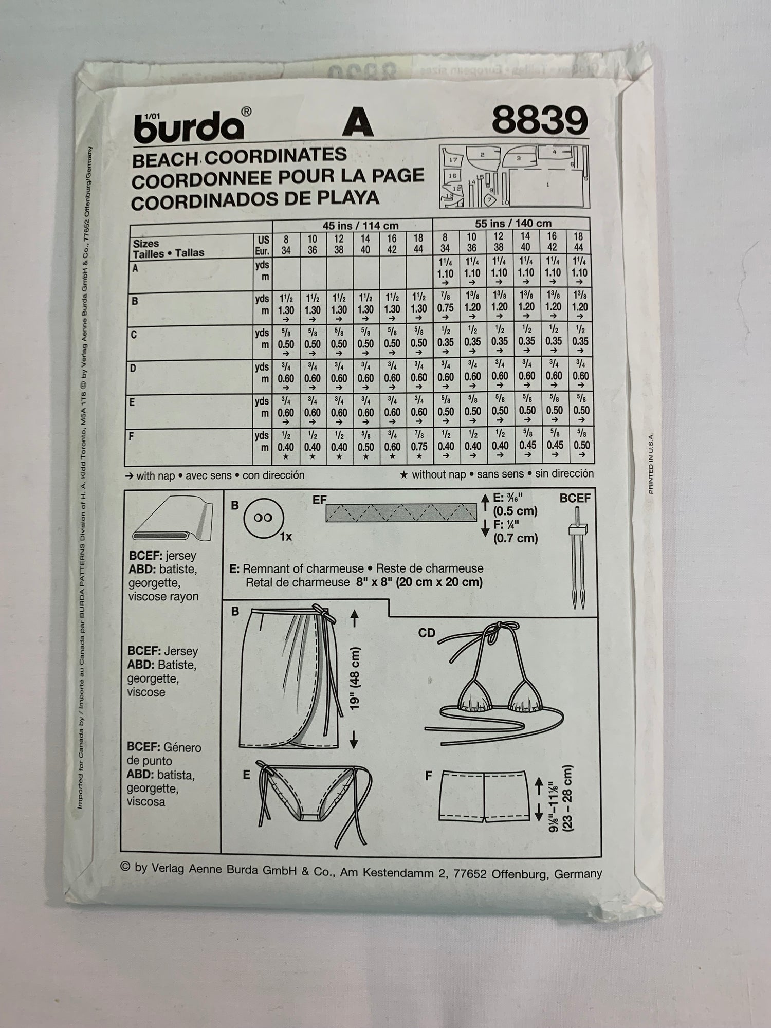 Burda Sewing Pattern 8839 Misses' Beach Coordinates, Bra Top, Bottoms, 3 Variations, Swimsuitm, Cover Up, Size 8-12, Cut, 2000