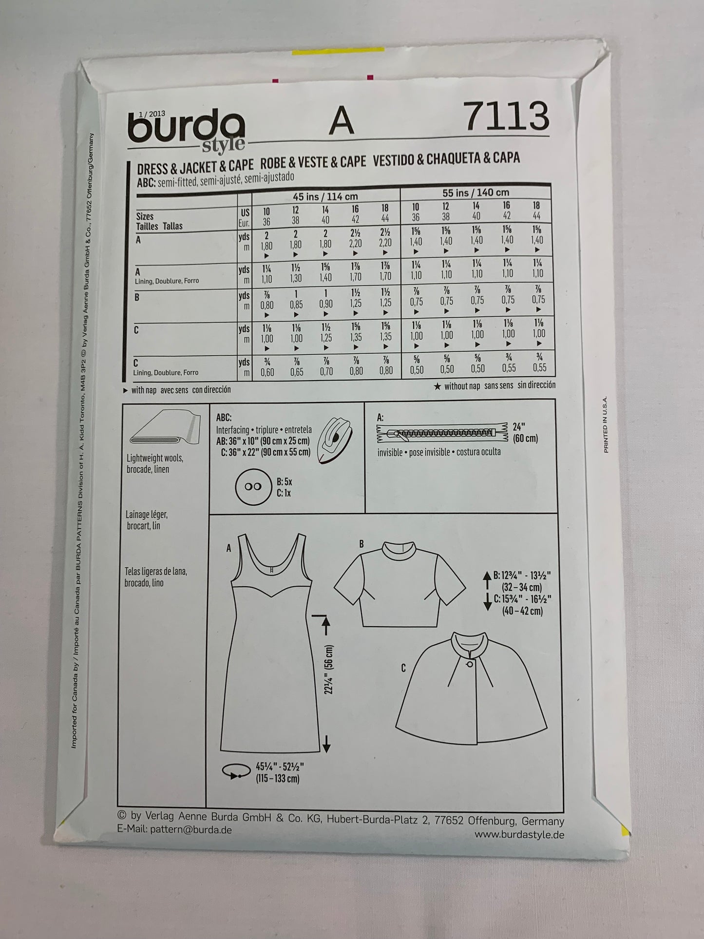 Burda Sewing Pattern 7113 Misses' Dress, Cape, Jacket, Sleeveless, Short Sleeves, Semi-Fitted, Zipper Back, Size 10-18, Uncut, 2013