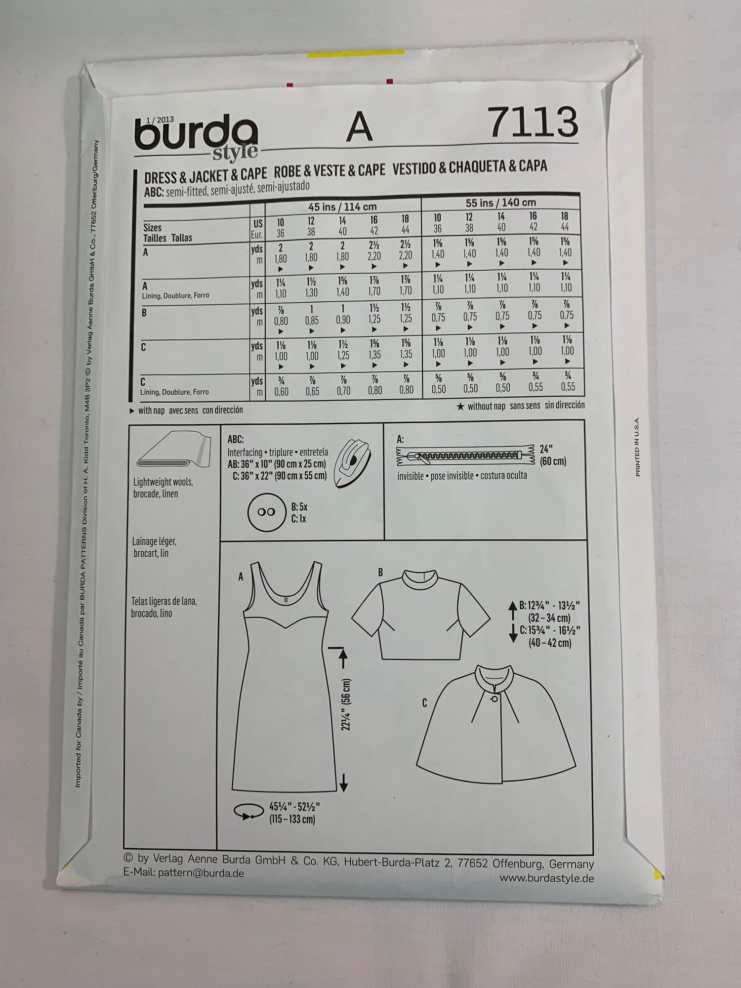 Burda Sewing Pattern 7113 Misses' Dress, Cape, Jacket, Sleeveless, Short Sleeves, Semi-Fitted, Zipper Back, Size 10-18, Uncut, 2013