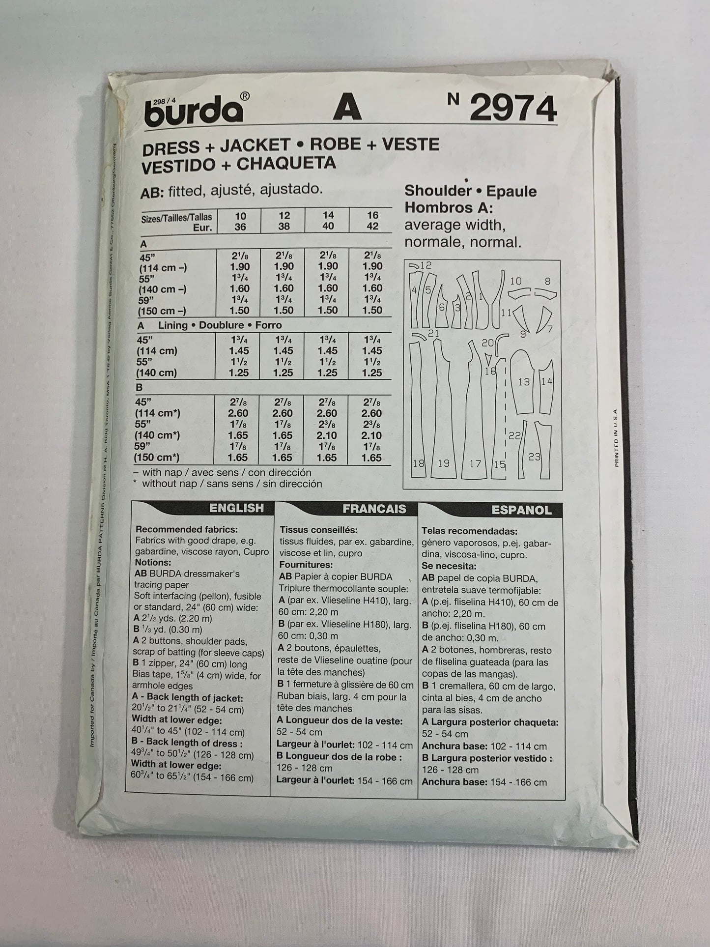 Burda Sewing Pattern 2974 Misses' Dress, Jacket, Sleeveless, Long Sleeves, Fitted, Zipper Back, Size 10-16, Uncut, 2000