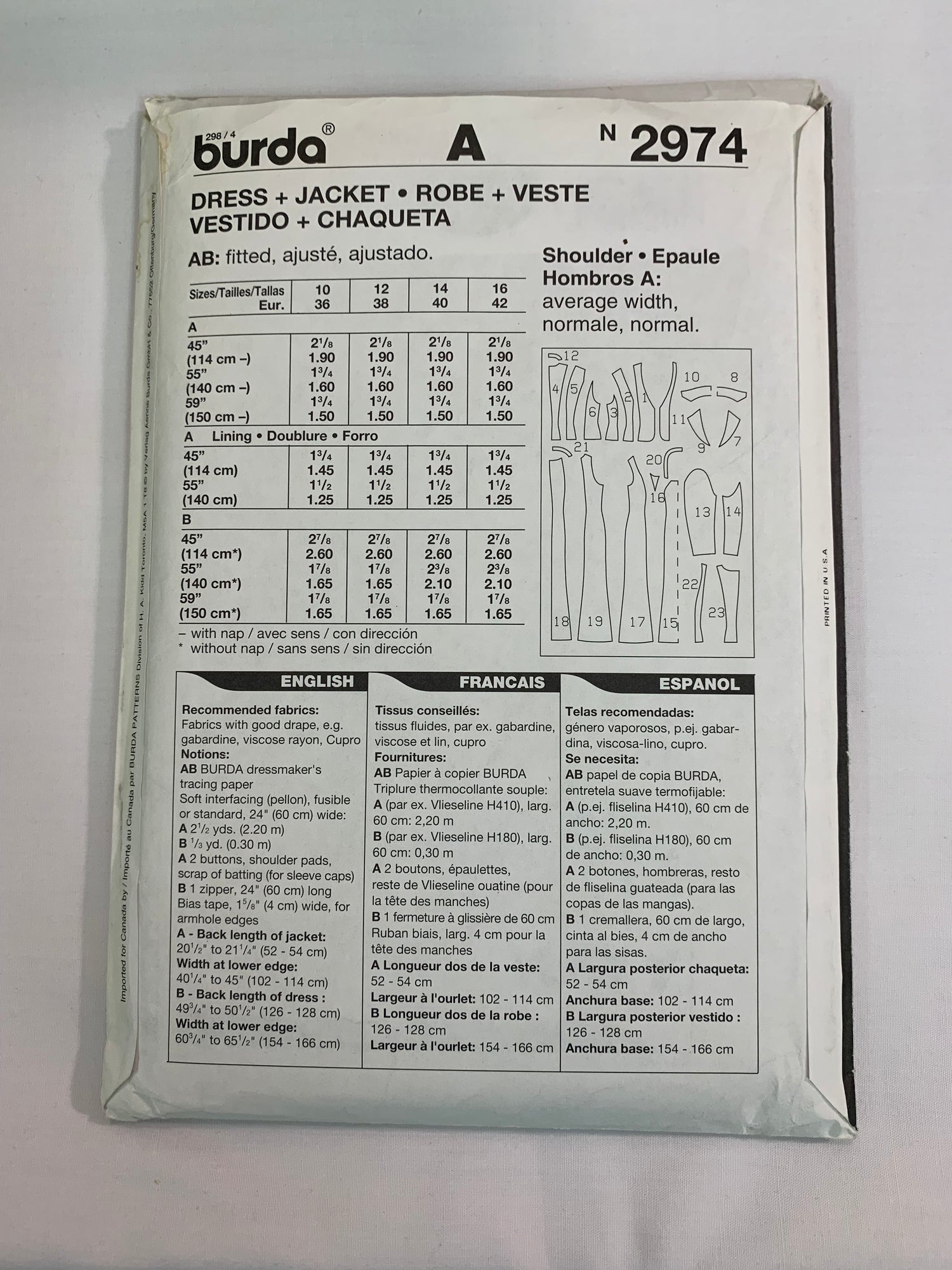 Burda Sewing Pattern 2974 Misses' Dress, Jacket, Sleeveless, Long Sleeves, Fitted, Zipper Back, Size 10-16, Uncut, 2000