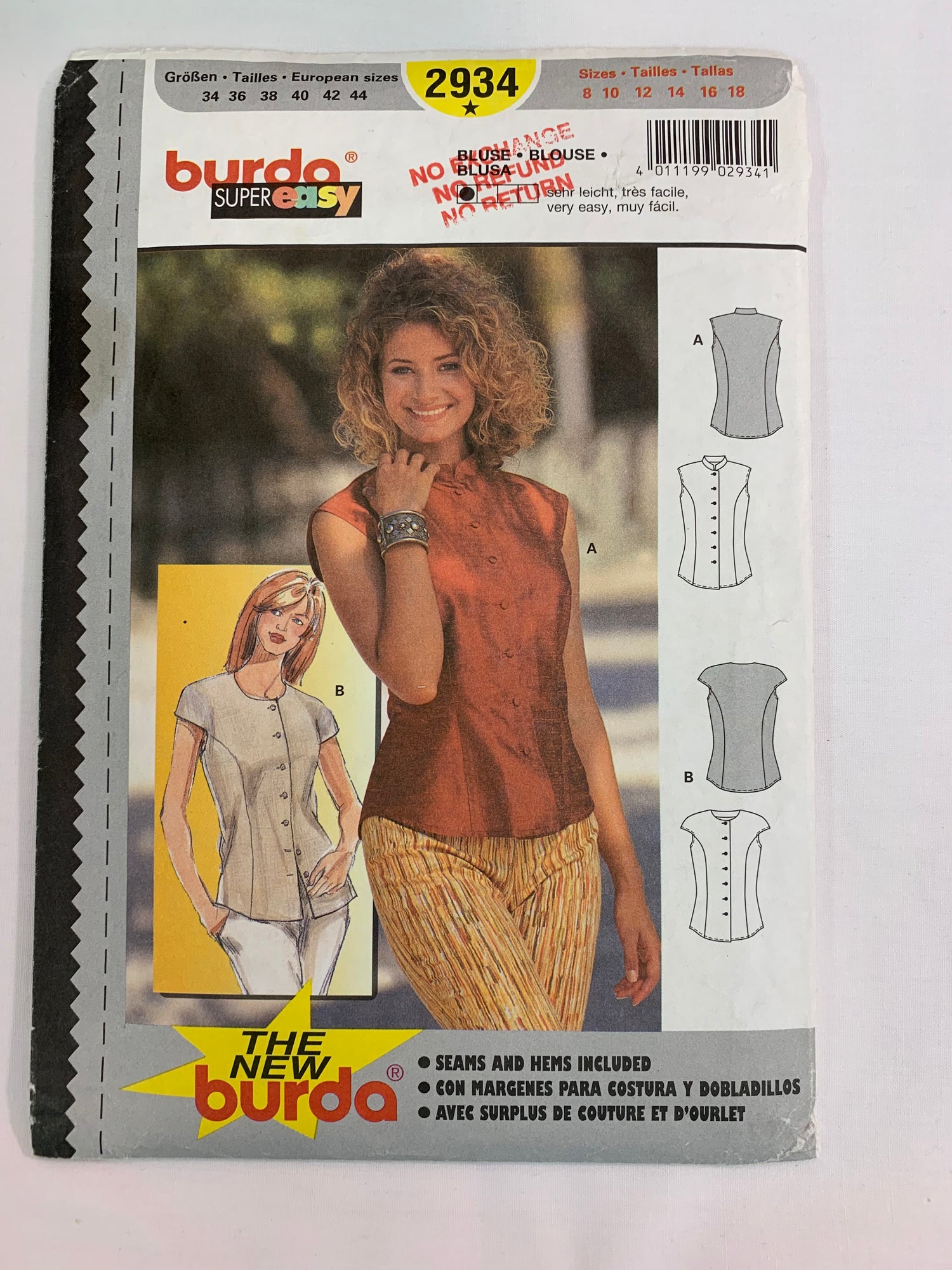 Burda Sewing Pattern 2934 Misses' Blouse, Top, Button Front, Collar, 2 Variations, Fitted, Sleeveless, Princess Seams, Size 8-18, Cut, 2000