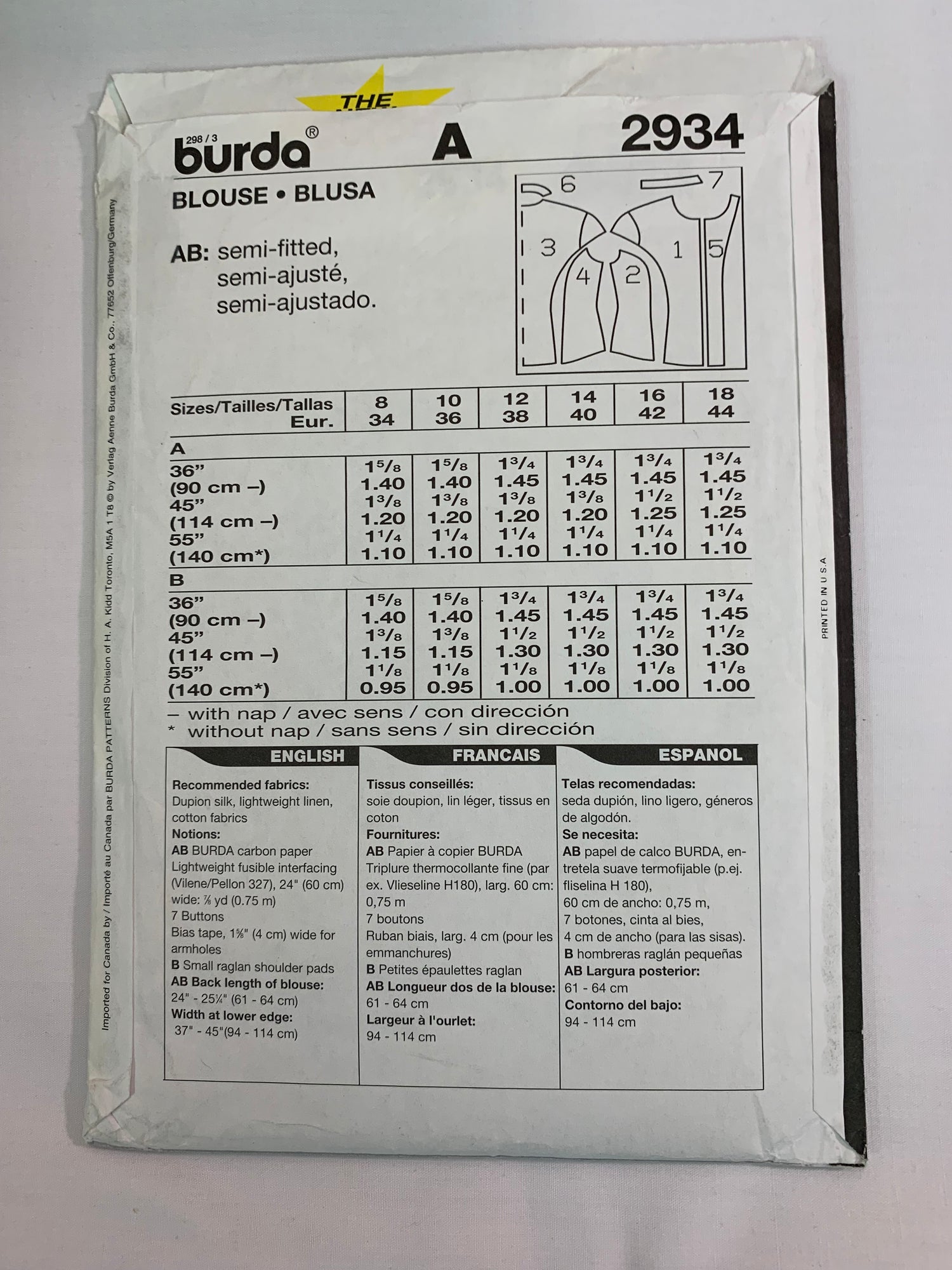 Burda Sewing Pattern 2934 Misses' Blouse, Top, Button Front, Collar, 2 Variations, Fitted, Sleeveless, Princess Seams, Size 8-18, Cut, 2000
