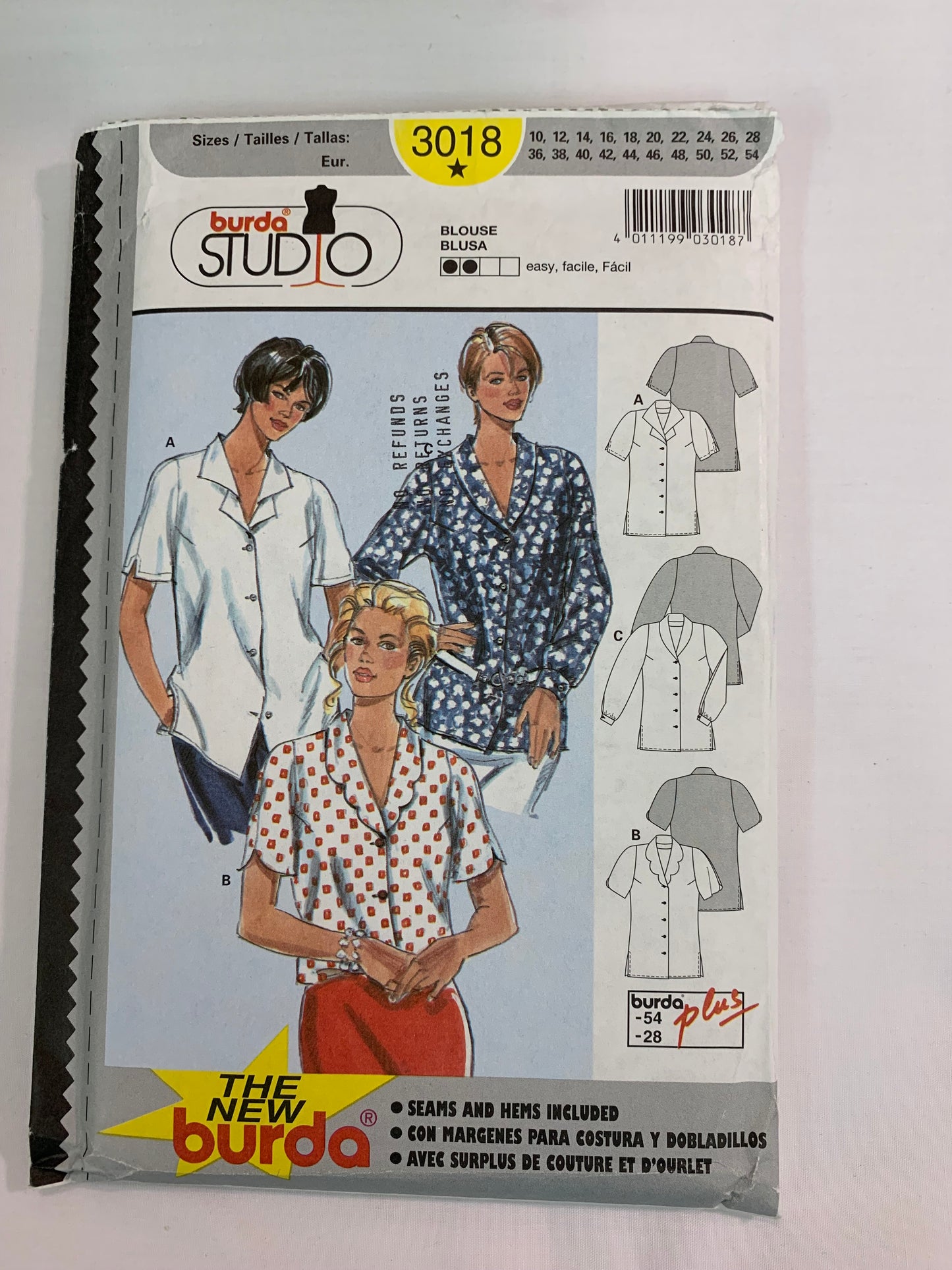 Burda Sewing Pattern 3018 Misses' Blouse, Top, Button Front, Collar, 3 Variations, Loose Fitting, Long/Short Sleeves,, Size 10-18, Cut, 2000