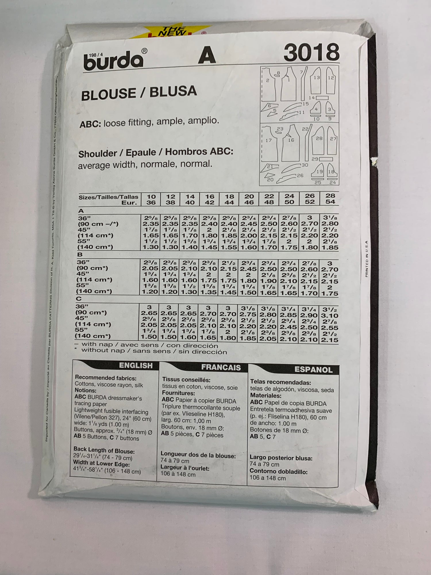Burda Sewing Pattern 3018 Misses' Blouse, Top, Button Front, Collar, 3 Variations, Loose Fitting, Long/Short Sleeves,, Size 10-18, Cut, 2000