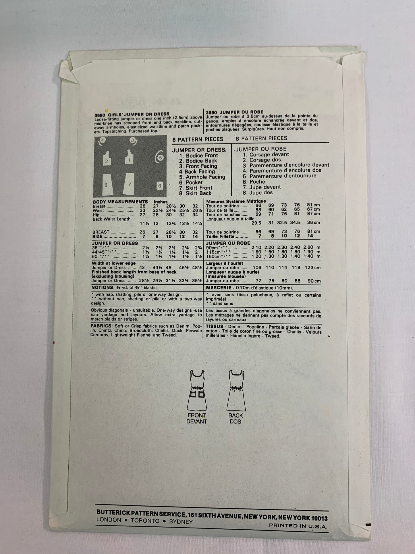 Butterick Sewing Pattern 3580 Girls' Jumper, Dress, Loose-Fitting, Pullover, Shoulder Straps, Elastic Waist, Pockets, 2 Variations, Size 12, Uncut, Vintage 1970
