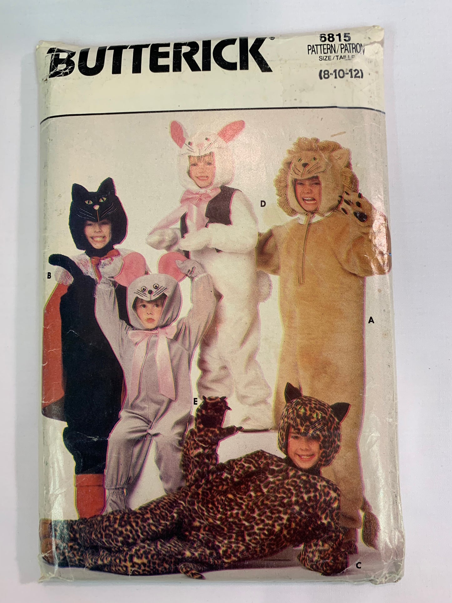 Butterick Sewing Pattern 6815 Children's/Girls'/Boys' Lion, Bunny, Mouse, Cat, Leopard, Jumpsuit, Costumes, Loose-Fitting, Long Sleeves, Hat, Size 8-12, Uncut, Vintage 1988