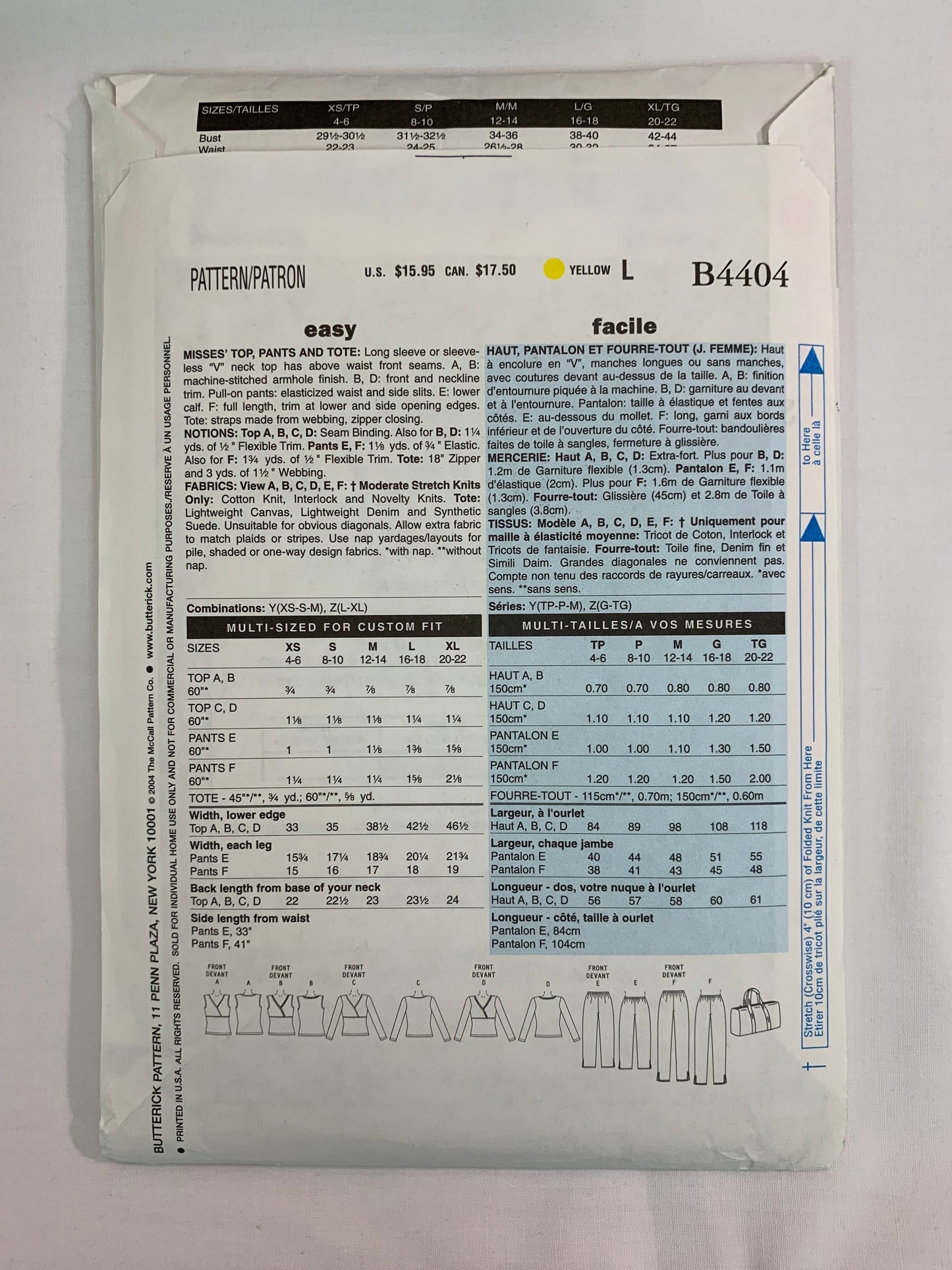 Butterick Sewing Pattern B4404 Misses' Top, Pants, Tote, Culottes, Two Lengths, Elastic Waist, Size 16-22, Uncut, 2004