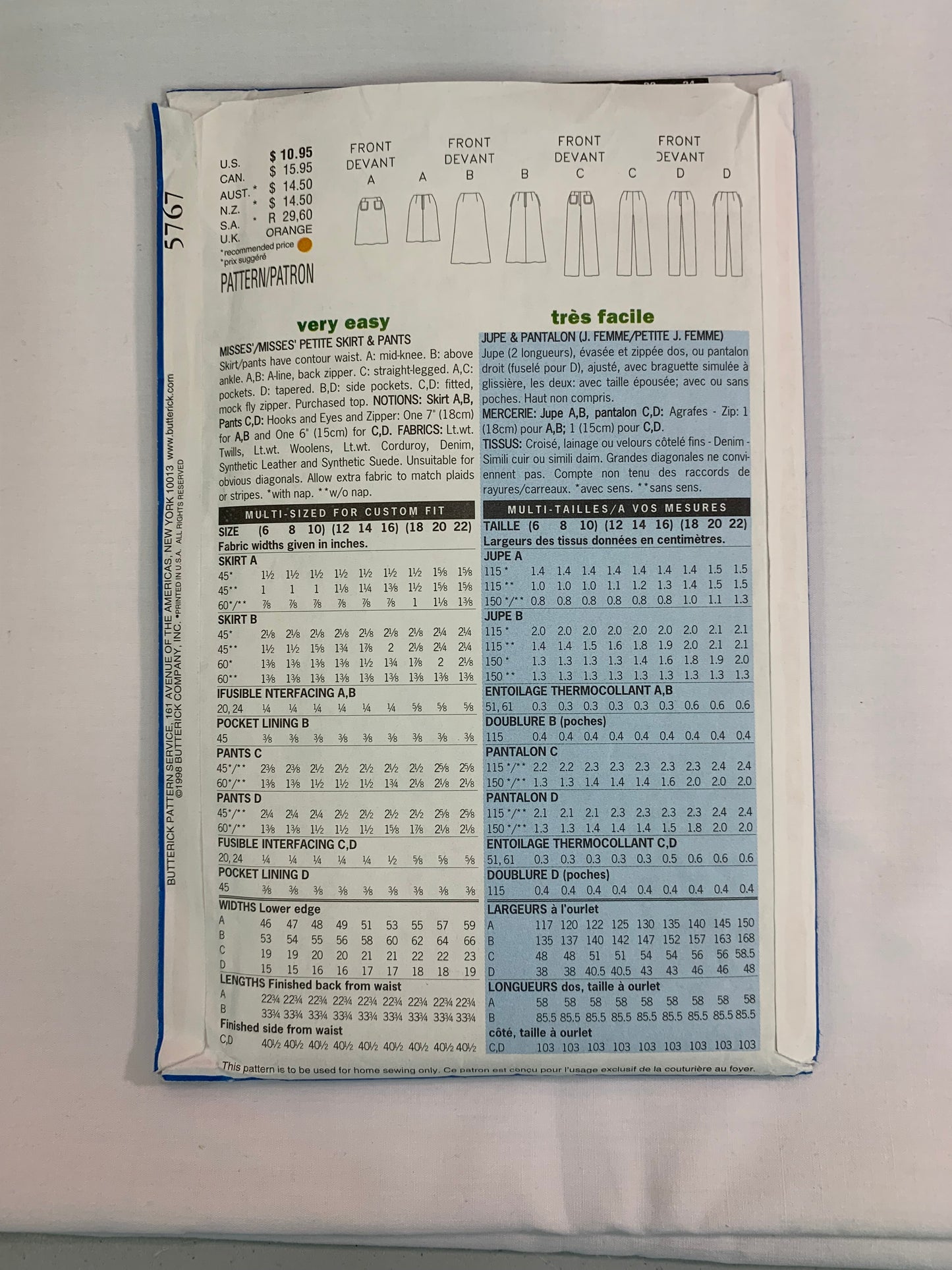 Butterick Sewing Pattern 5767 Misses'/Misses' Petite Skirt, Pants, Two Lengths, Zipper Back, Pockets, Fitted,  Size 12-16, Uncut, Vintage 1998