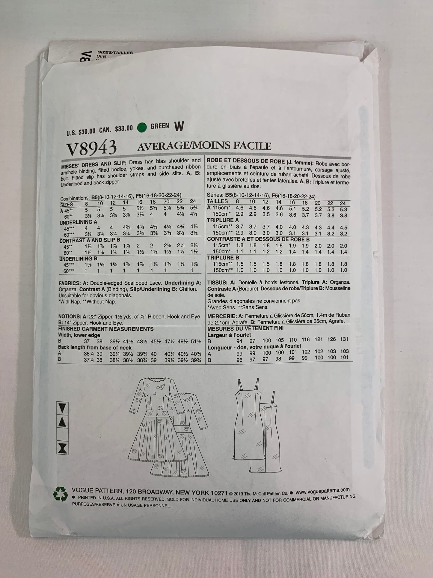 Vogue Sewing Pattern V8943 Misses' Dress, Slip, Long Sleeves, Sleeveless, Fitted, Shoulder Straps, Size 16-24, Uncut, 2013
