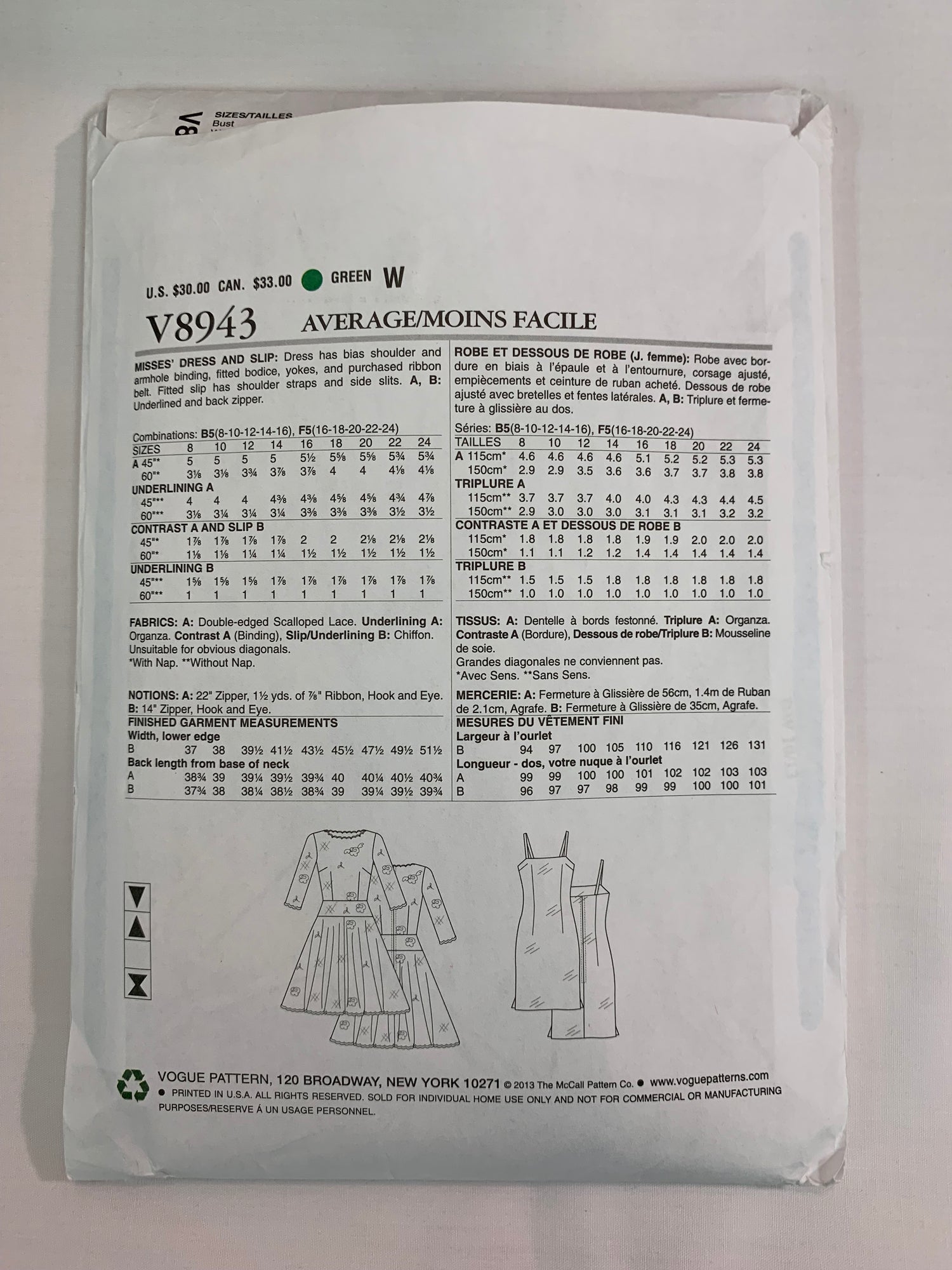 Vogue Sewing Pattern V8943 Misses' Dress, Slip, Long Sleeves, Sleeveless, Fitted, Shoulder Straps, Size 16-24, Uncut, 2013