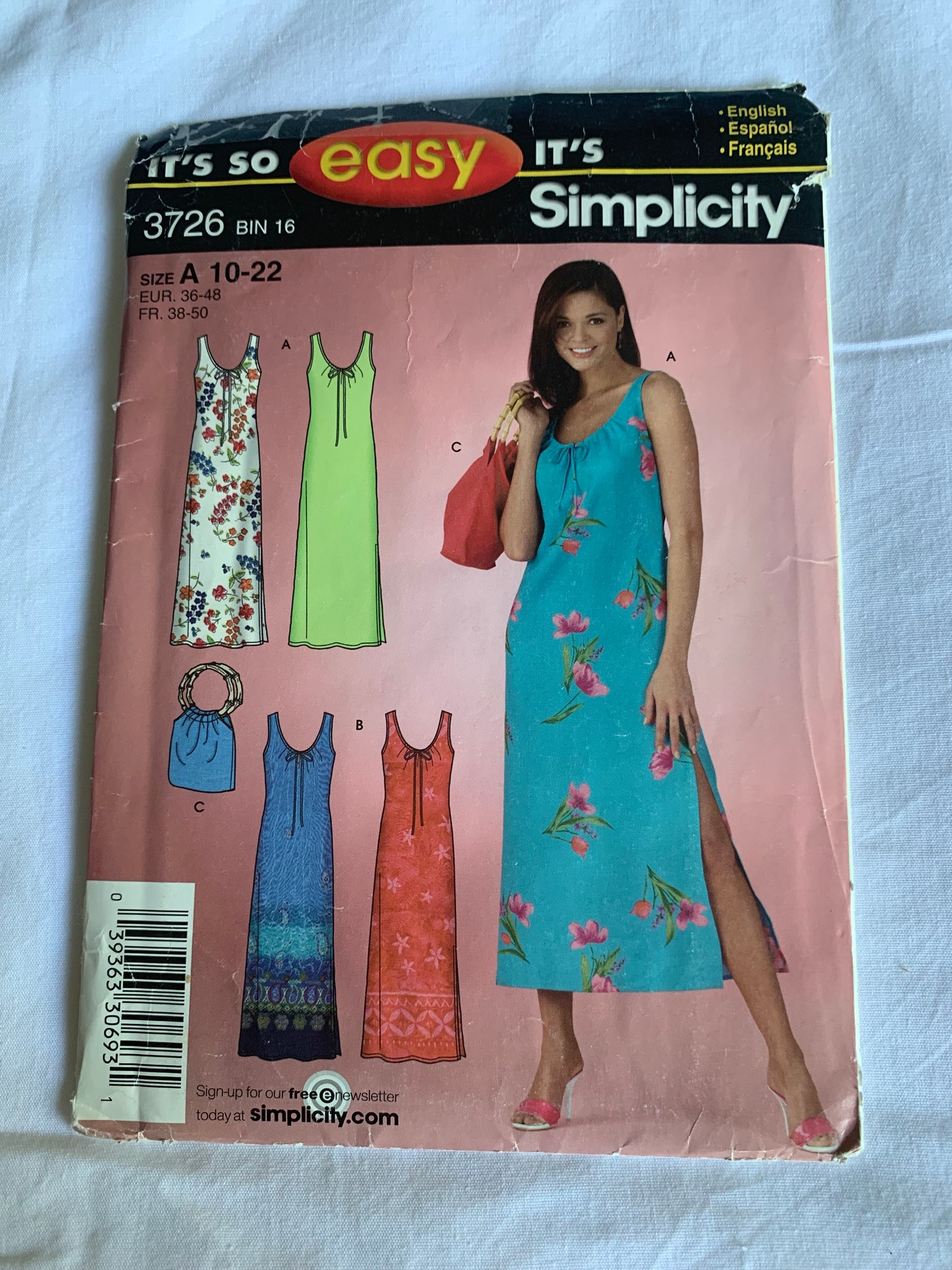 Simplicity Sewing Pattern 37262 Misses' Dress, Pullover, Bag, Tie Front, Sleeveless, Side Slit, Size 10-22, Cut, 2007
