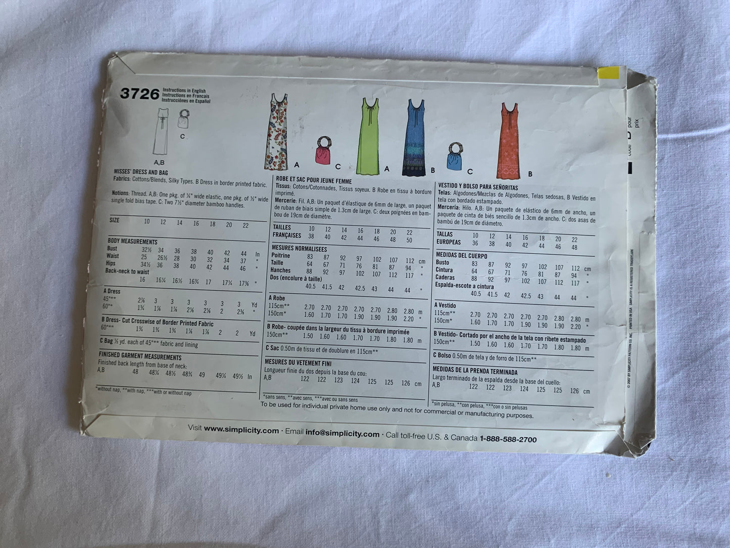 Simplicity Sewing Pattern 37262 Misses' Dress, Pullover, Bag, Tie Front, Sleeveless, Side Slit, Size 10-22, Cut, 2007