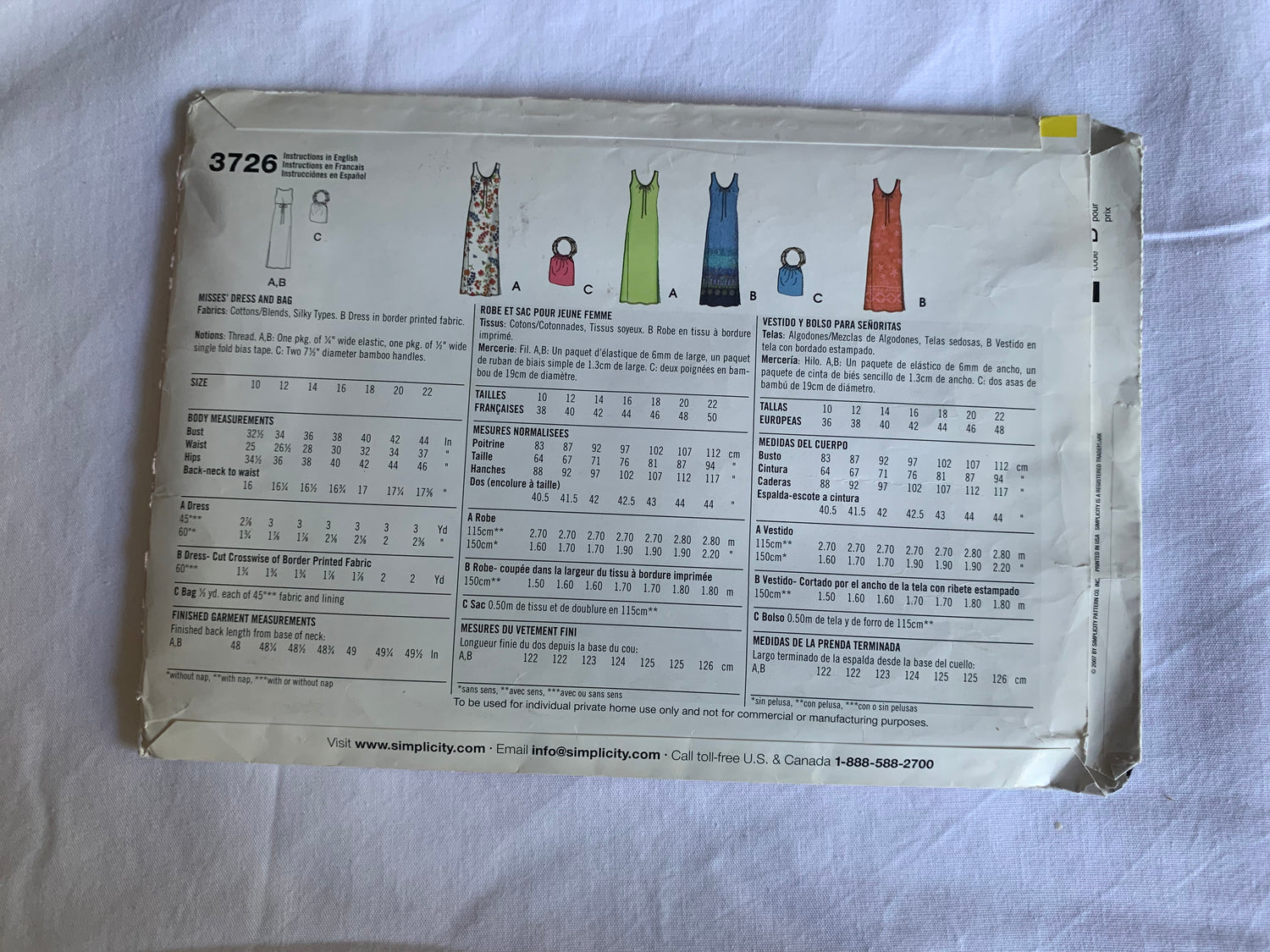 Simplicity Sewing Pattern 37262 Misses' Dress, Pullover, Bag, Tie Front, Sleeveless, Side Slit, Size 10-22, Cut, 2007