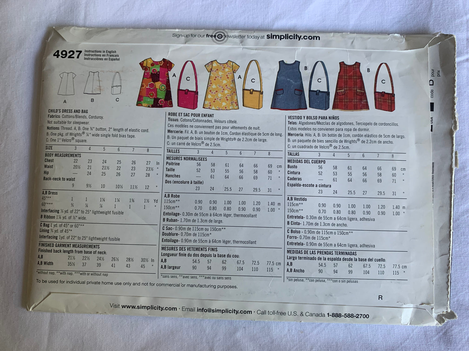 Simplicity Sewing Pattern 4927 Girls' Dress, Bag, Pullover, Short Sleeves, Pockets, Sleeveless, Size 3-7, Cut 2007