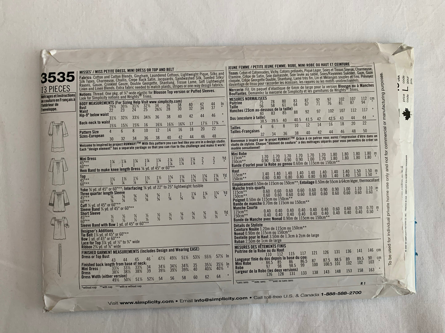 Simplicity Project Runway Sewing Pattern 3535 Misses'/Miss Petite Dress, Mini Dress, Top, Belt, Pullover, Two Lengths, Size 14-22, Cut, 2007
