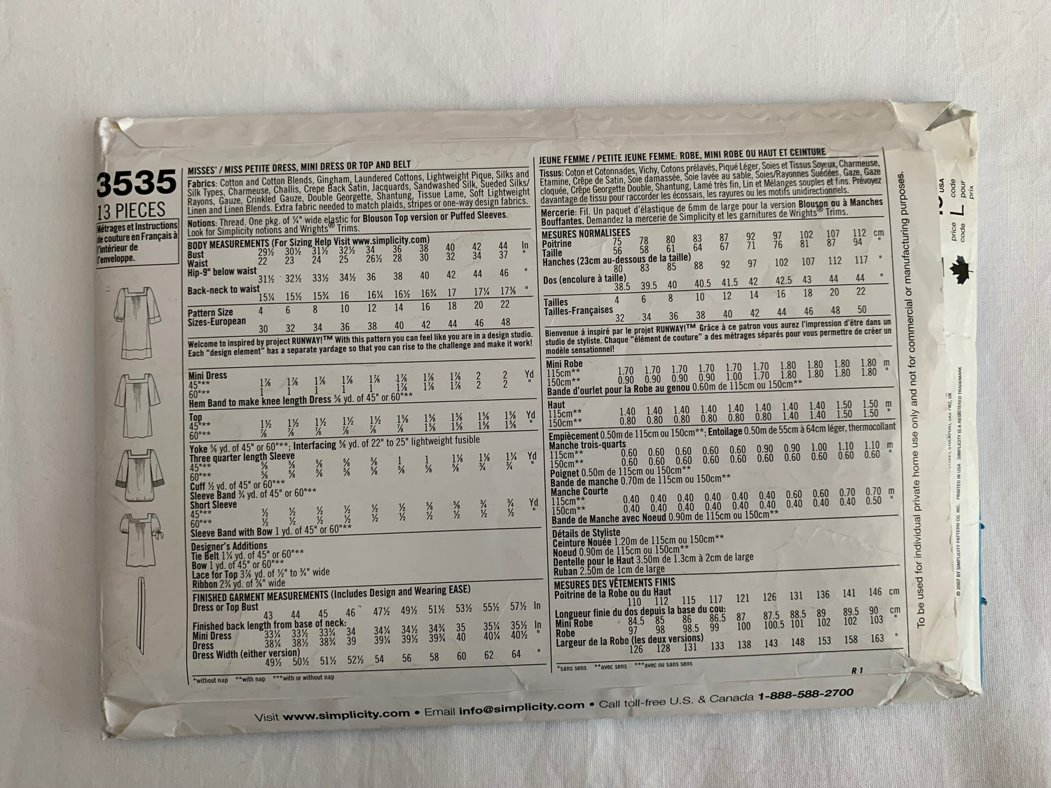 Simplicity Project Runway Sewing Pattern 3535 Misses'/Miss Petite Dress, Mini Dress, Top, Belt, Pullover, Two Lengths, Size 14-22, Cut, 2007