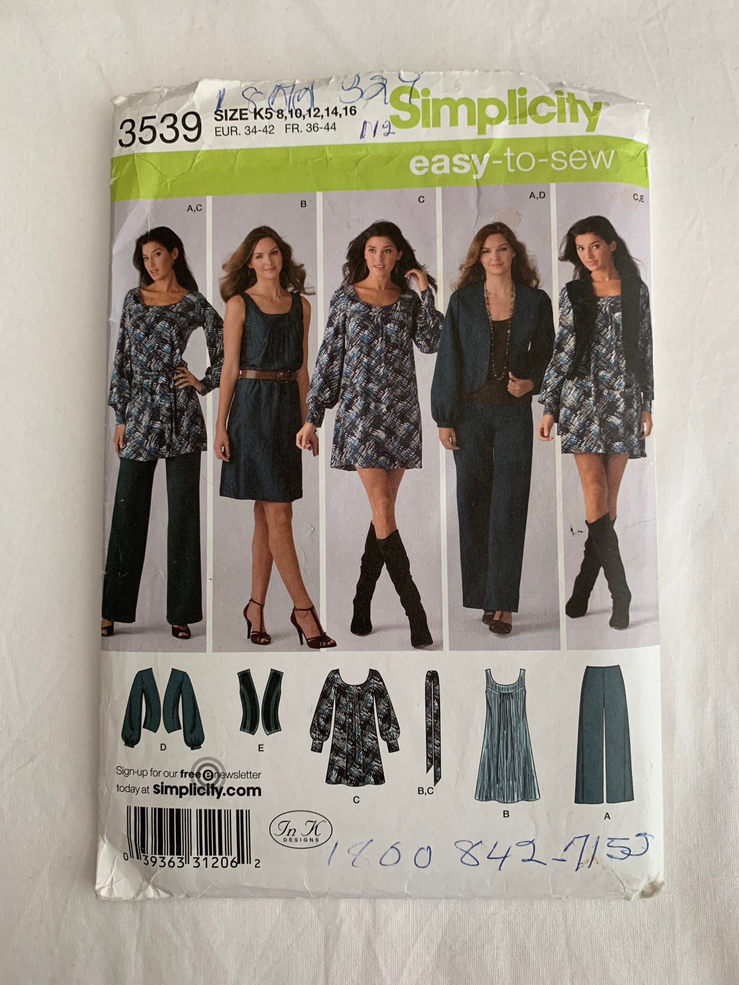 Simplicity Sewing Pattern 3539 Misses'/Miss Petite Pants, Dress, Mini Dress, Jacket, Vest, Long Sleeves, Top, Belt, Zipper, Size 8-16, Cut, 2007