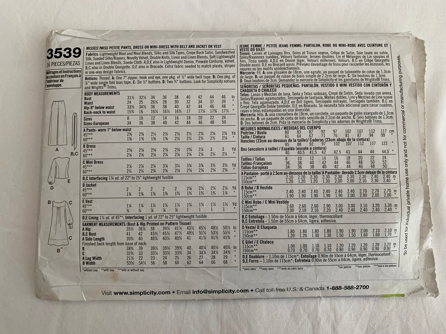 Simplicity Sewing Pattern 3539 Misses'/Miss Petite Pants, Dress, Mini Dress, Jacket, Vest, Long Sleeves, Top, Belt, Zipper, Size 8-16, Cut, 2007