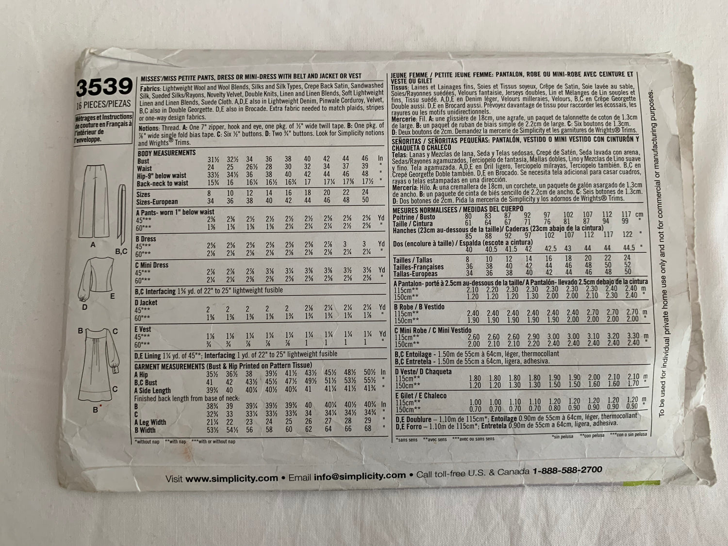 Simplicity Sewing Pattern 3539 Misses'/Miss Petite Pants, Dress, Mini Dress, Jacket, Vest, Long Sleeves, Top, Belt, Zipper, Size 8-16, Cut, 2007