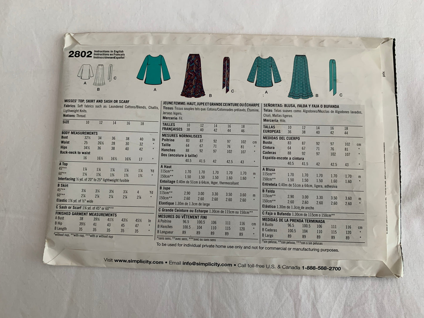 Simplicity Sewing Pattern 2802 Misses' Top, Skirt, Sash, Scarf, Long Sleeves, Size 10-18, Cut, 2008