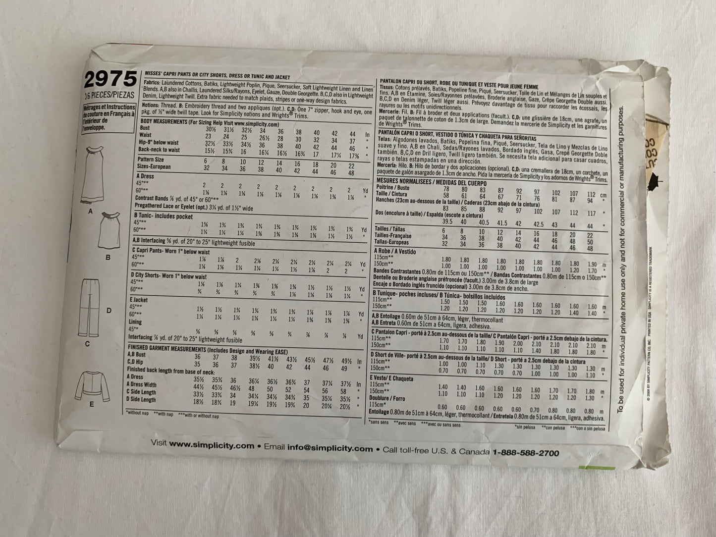 Simplicity Sewing Pattern 2975 Misses' Cropped Pants, Capri Pants, Gauchos, City, Dress, Tunic, Jacket, Size 14-20, Cut, 2008