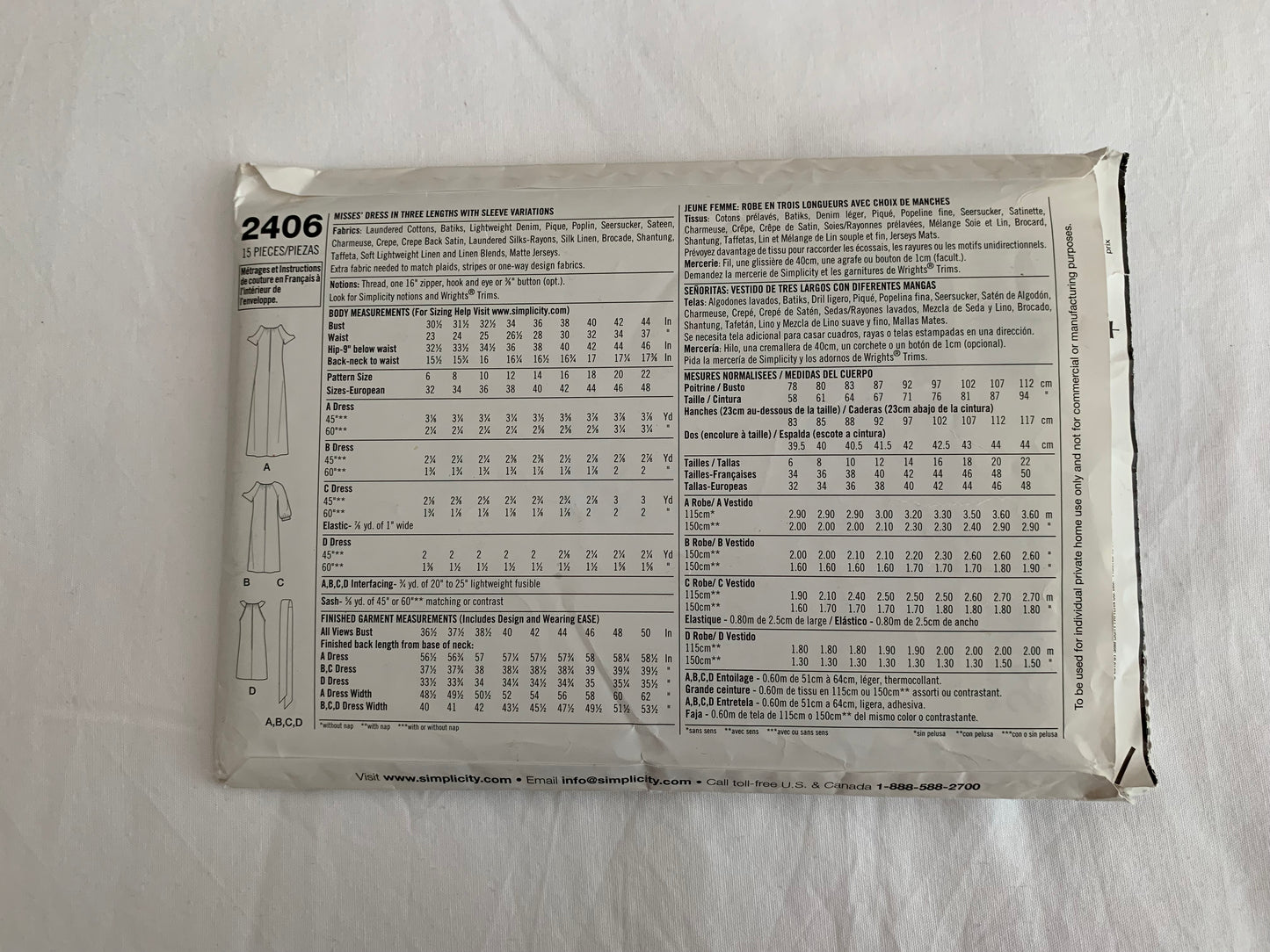 Simplicity Cynthia Rowley Sewing Pattern 2406 Misses' Dress, Long/Short Sleeves, Three Lengths, Sleeve Variations, Size 6-14, Cut, 2010