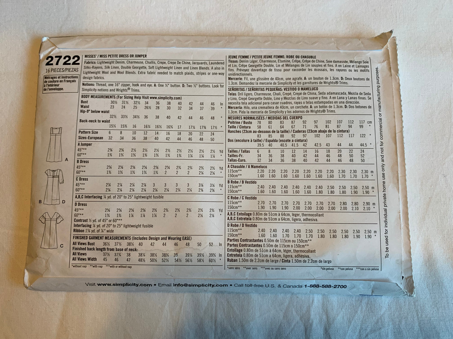 Simplicity Sewing Pattern 2722 Misses'/Women's Petite Dresses, Jumper, 4 Variations, Two Lengths, Zipper, Size 16-24, Cut, 2008