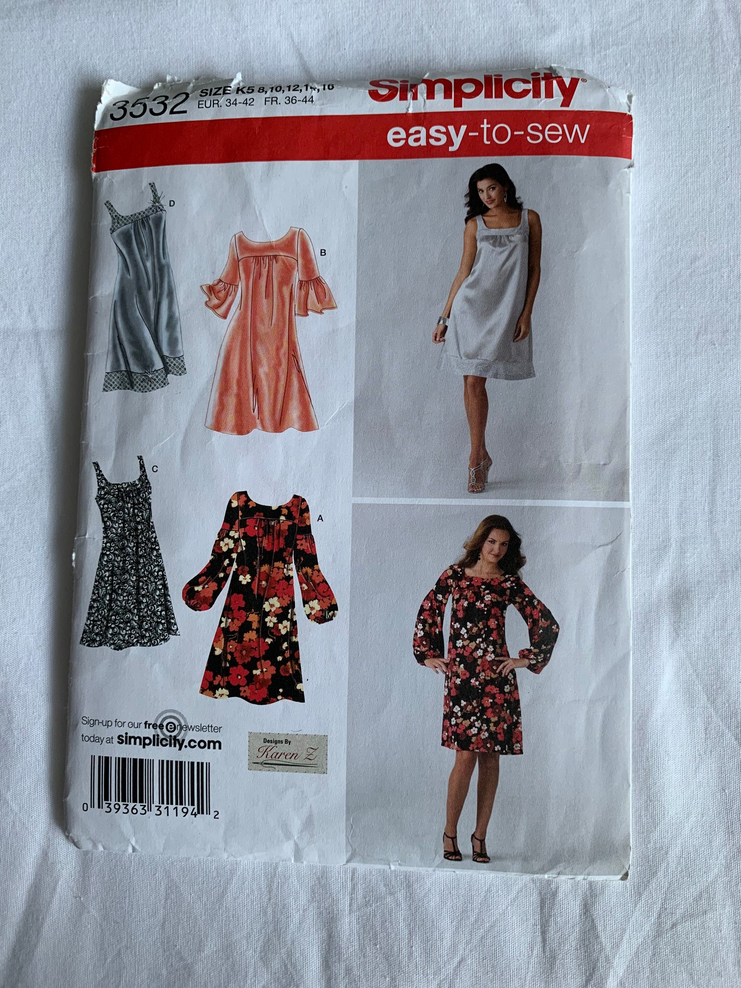 Simplicity Sewing Pattern 3532 Misses'/Miss Petite Dresses, Two Lengths, Pullover, Full Skirt, Sleeveless, Short/Long Sleeves, Size 8-16, Cut, 2002