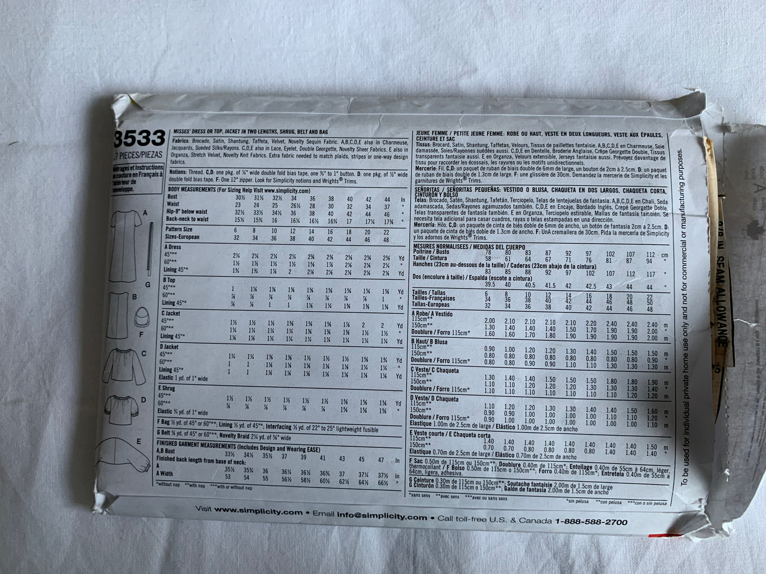 Simplicity Sewing Pattern 3533 Misses' Dress, Top, Jacket, Shrug, Long/Short Sleeves, Belt, Bag, Two Lengths, Size 8-14, Cut, 2007