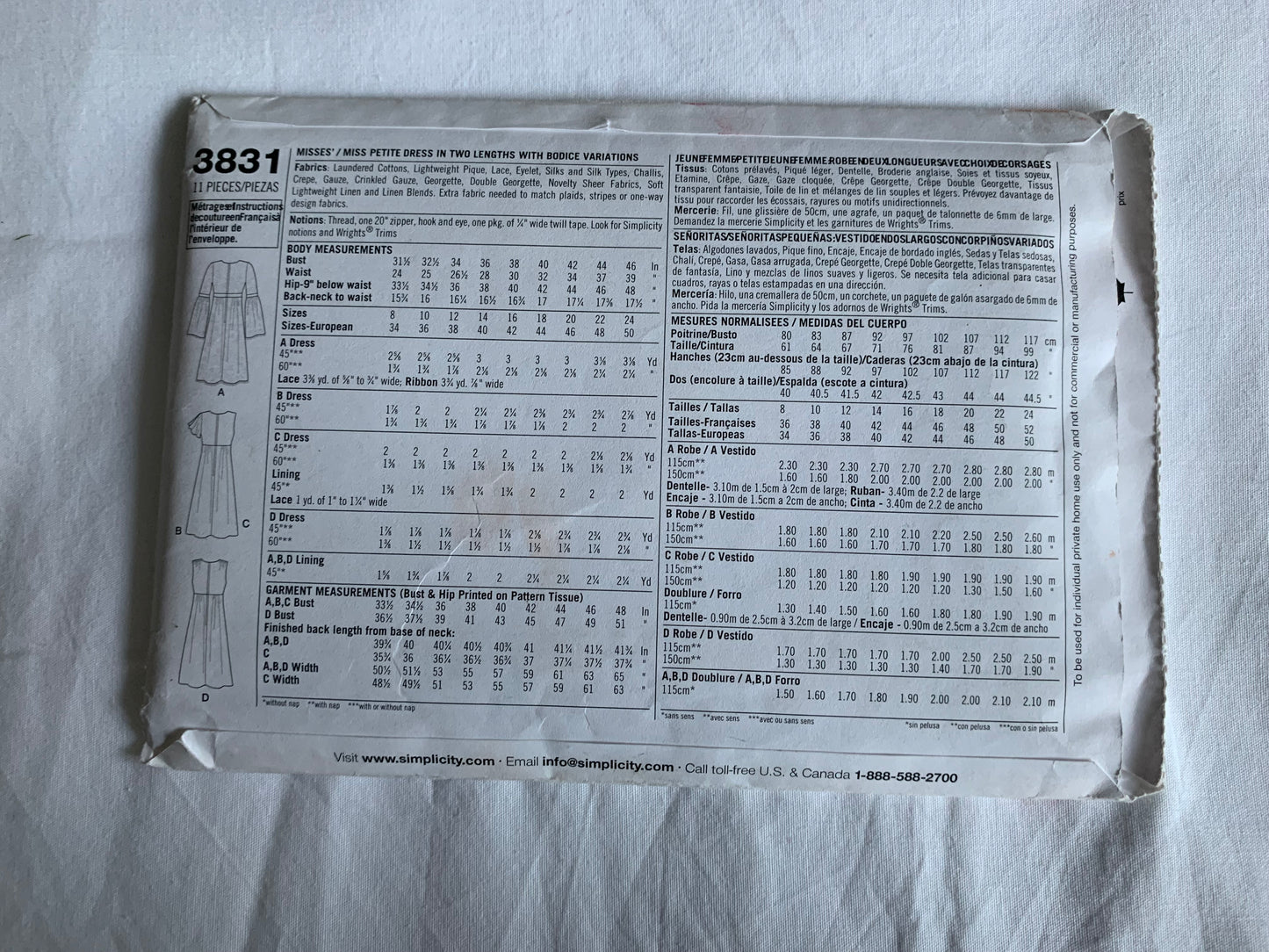 Simplicity Sewing Pattern 3831 Misses'/Miss Petite Dress, Two Lengths, Zipper, Bodice Variations, Size 8-16, Uncut, 2007