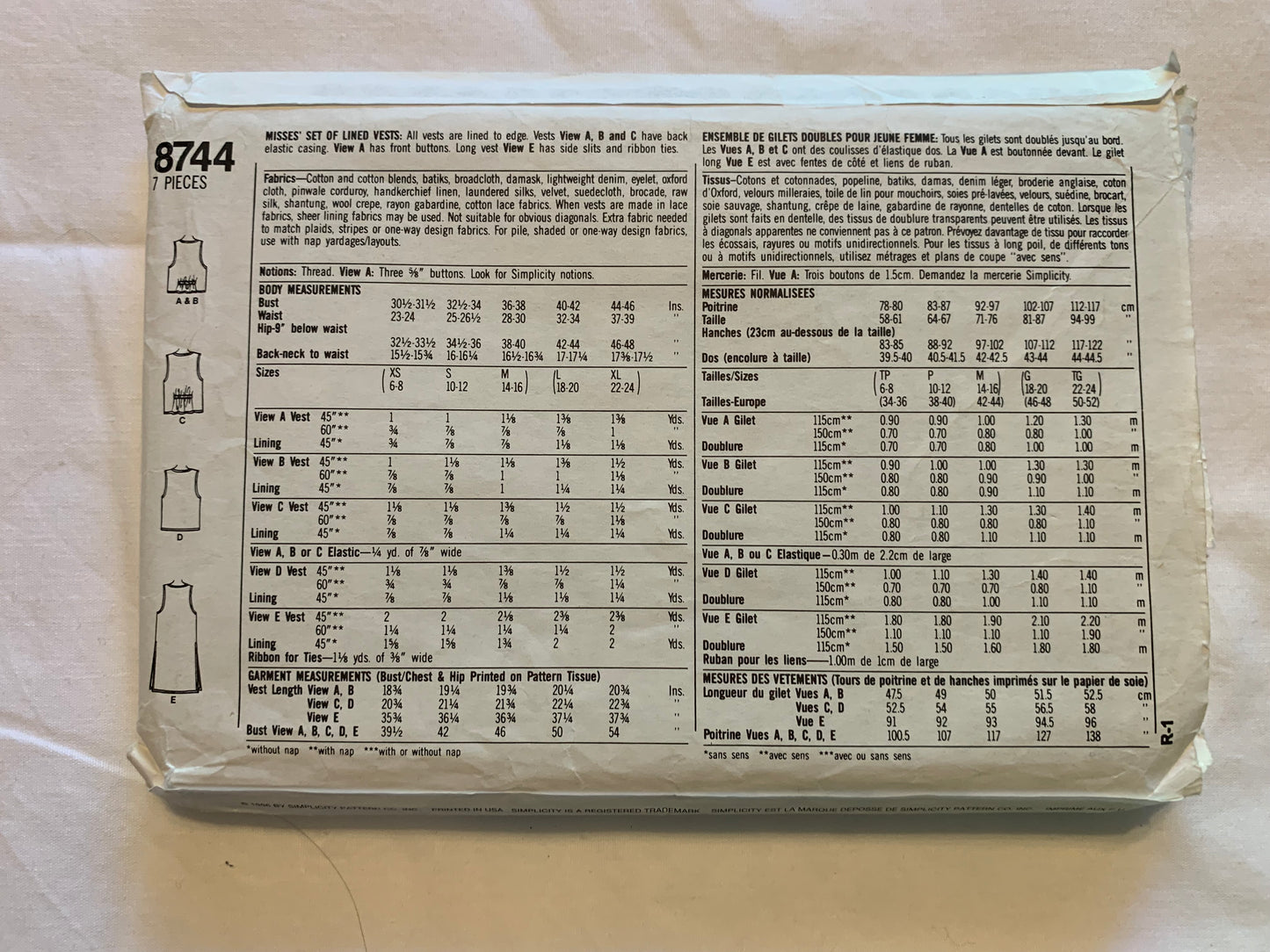 Simplicity Sewing Pattern 8744 Misses' Lined Vests, Sleeveless, Tie Back, Button Front, 5 Variations, Size Large, Cut, Vintage 1993